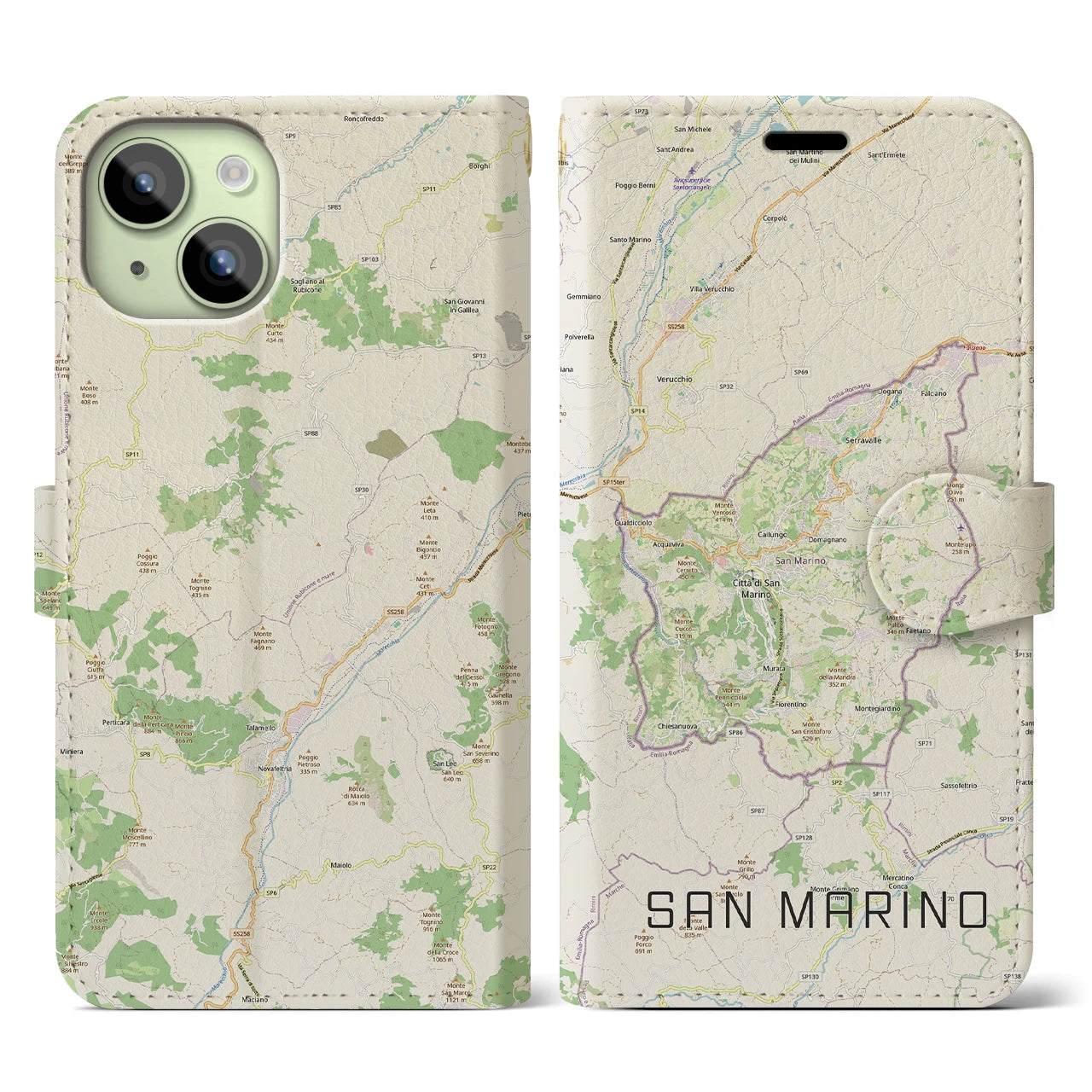 【サンマリノ】地図柄iPhoneケース(手帳タイプ)ナチュラル・iPhone 15 用