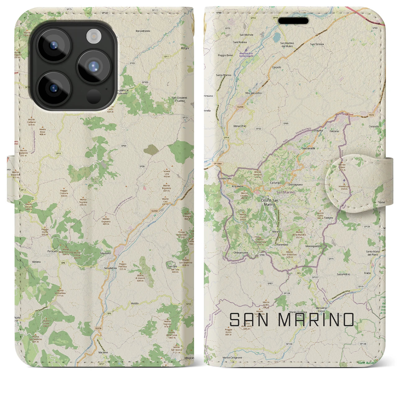 【サンマリノ】地図柄iPhoneケース(手帳タイプ)ナチュラル・iPhone 15 Pro Max 用
