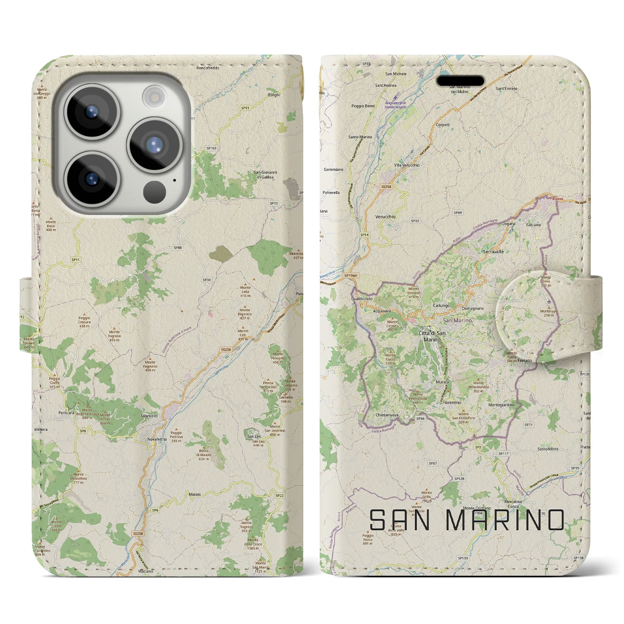 【サンマリノ】地図柄iPhoneケース(手帳タイプ)ナチュラル・iPhone 15 Pro 用