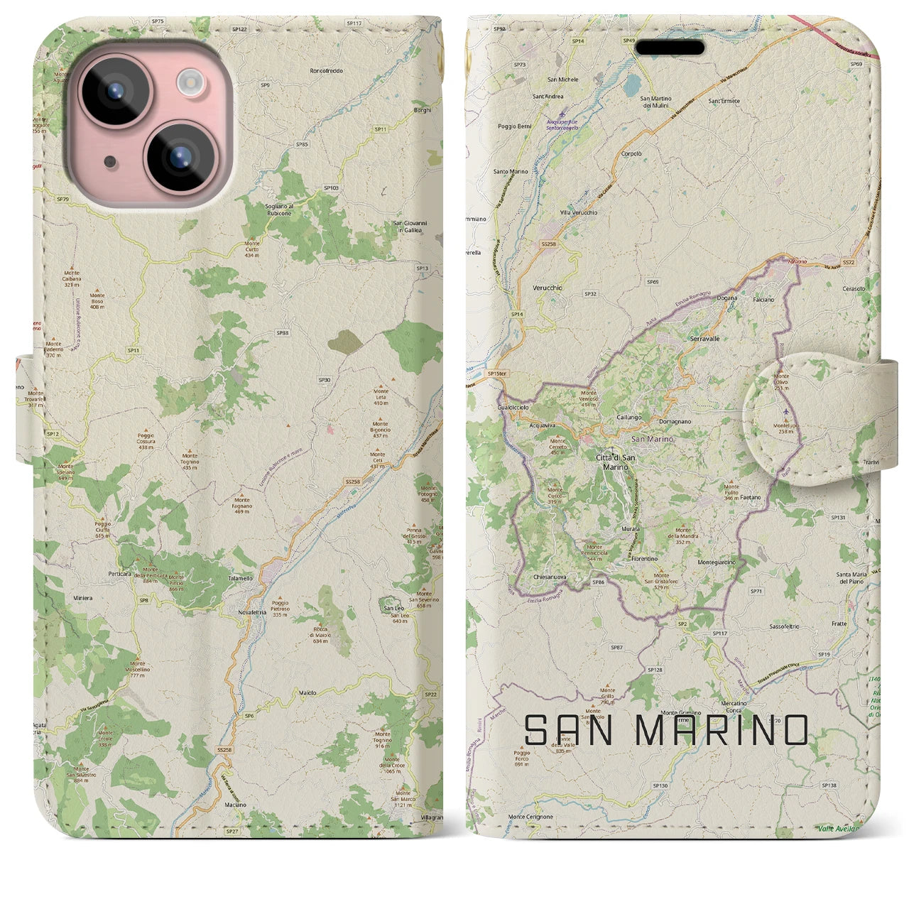 【サンマリノ】地図柄iPhoneケース(手帳タイプ)ナチュラル・iPhone 15 Plus 用