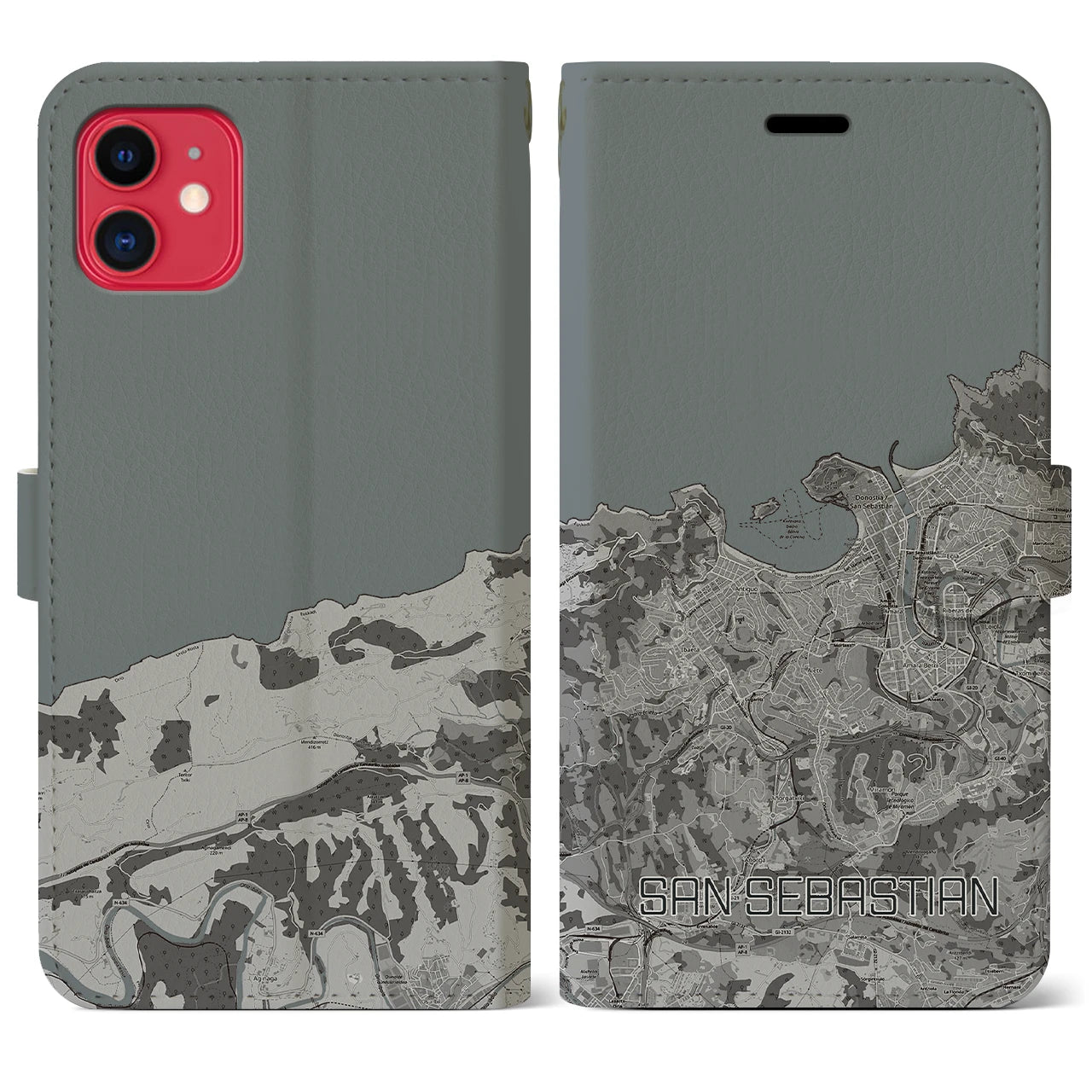 【サン・セバスティアン(スペイン)】地図柄iPhoneケース(手帳タイプ)モノトーン・iPhone 11 用