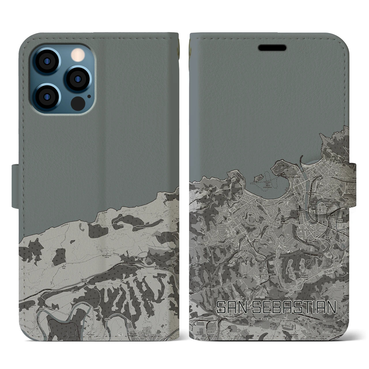 【サン・セバスティアン(スペイン)】地図柄iPhoneケース(手帳タイプ)モノトーン・iPhone 12 / 12 Pro 用