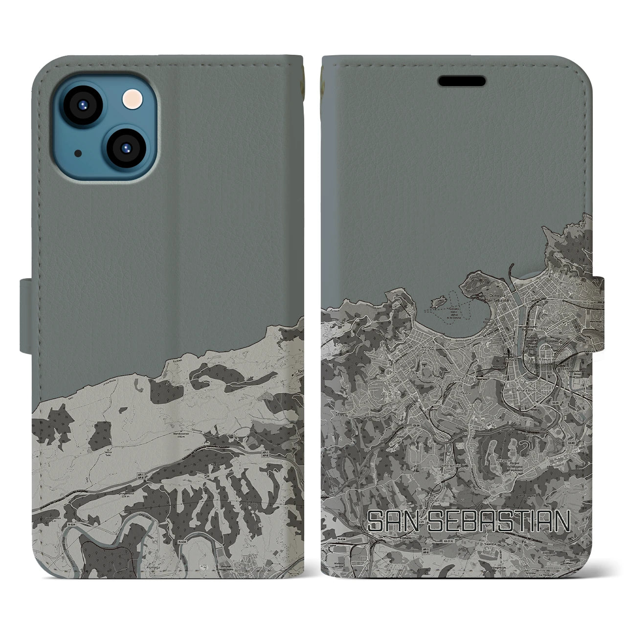 【サン・セバスティアン(スペイン)】地図柄iPhoneケース(手帳タイプ)モノトーン・iPhone 13 用