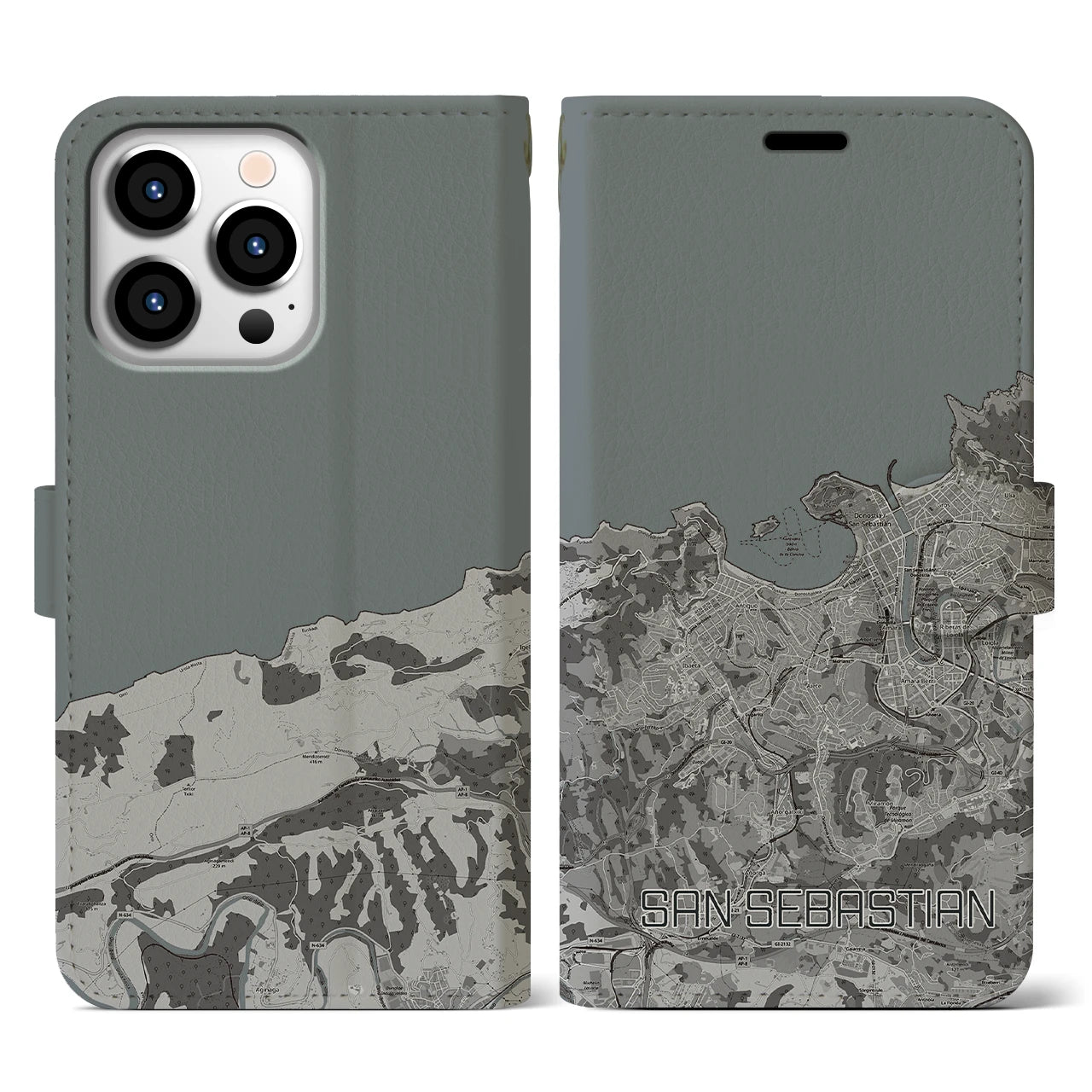 【サン・セバスティアン(スペイン)】地図柄iPhoneケース(手帳タイプ)モノトーン・iPhone 13 Pro 用