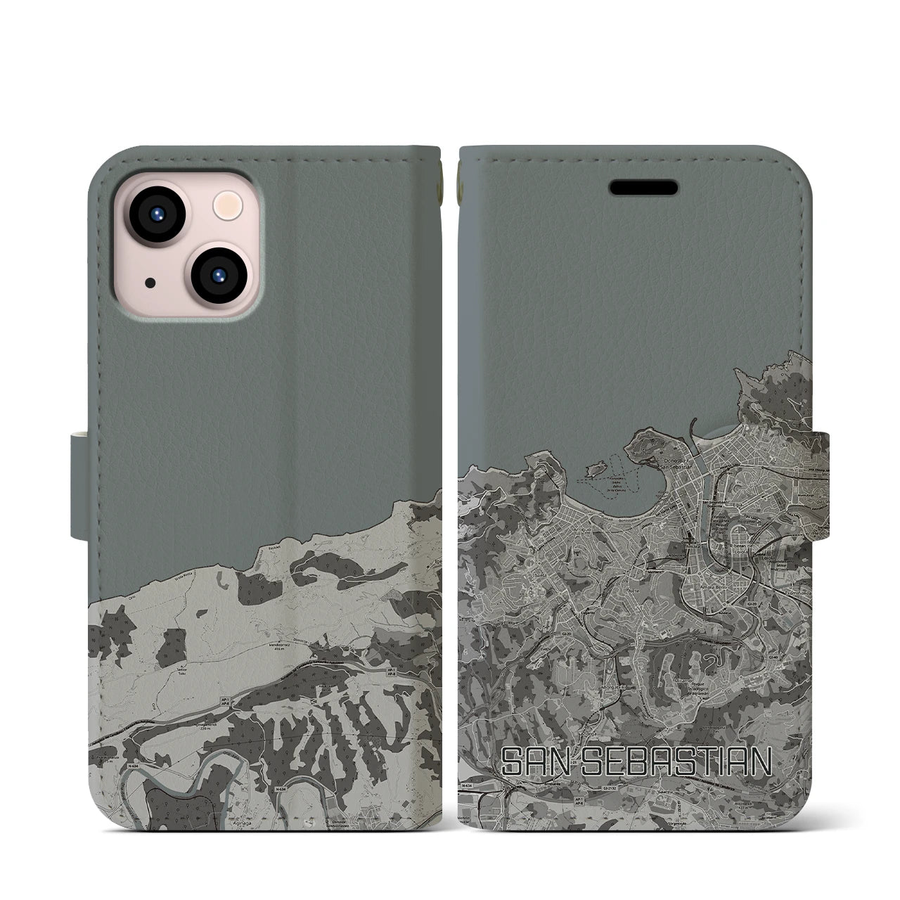 【サン・セバスティアン(スペイン)】地図柄iPhoneケース(手帳タイプ)モノトーン・iPhone 13 mini 用