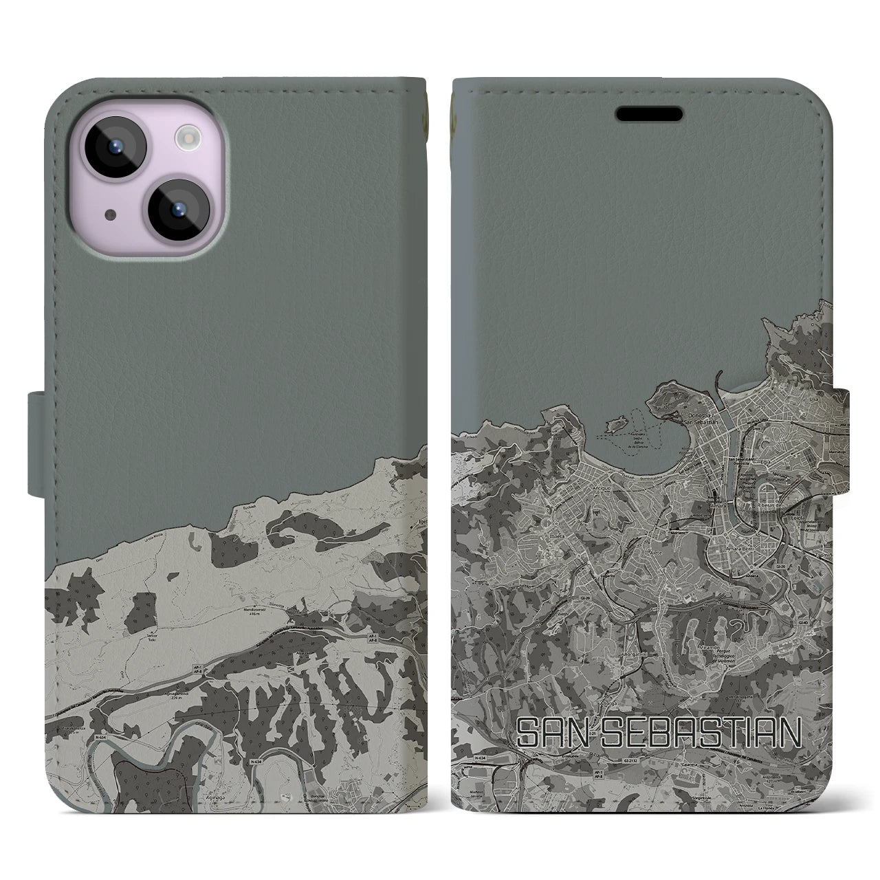 【サン・セバスティアン(スペイン)】地図柄iPhoneケース(手帳タイプ)モノトーン・iPhone 14 用