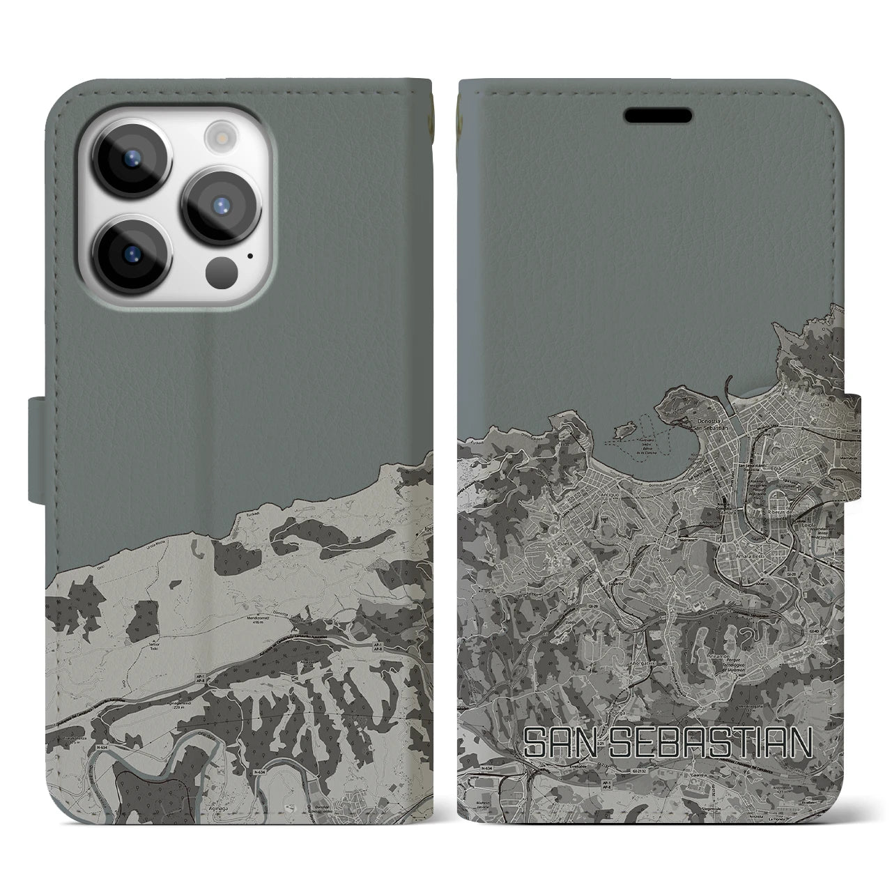【サン・セバスティアン(スペイン)】地図柄iPhoneケース(手帳タイプ)モノトーン・iPhone 14 Pro 用