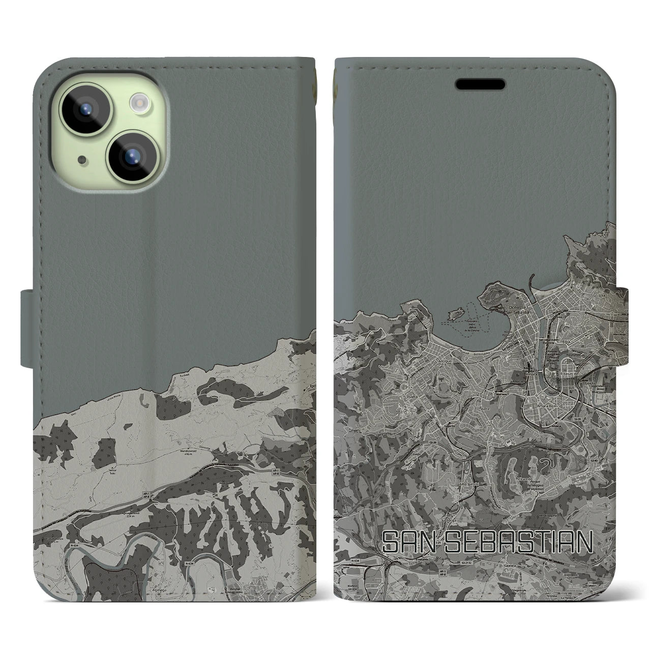 【サン・セバスティアン(スペイン)】地図柄iPhoneケース(手帳タイプ)モノトーン・iPhone 15 用