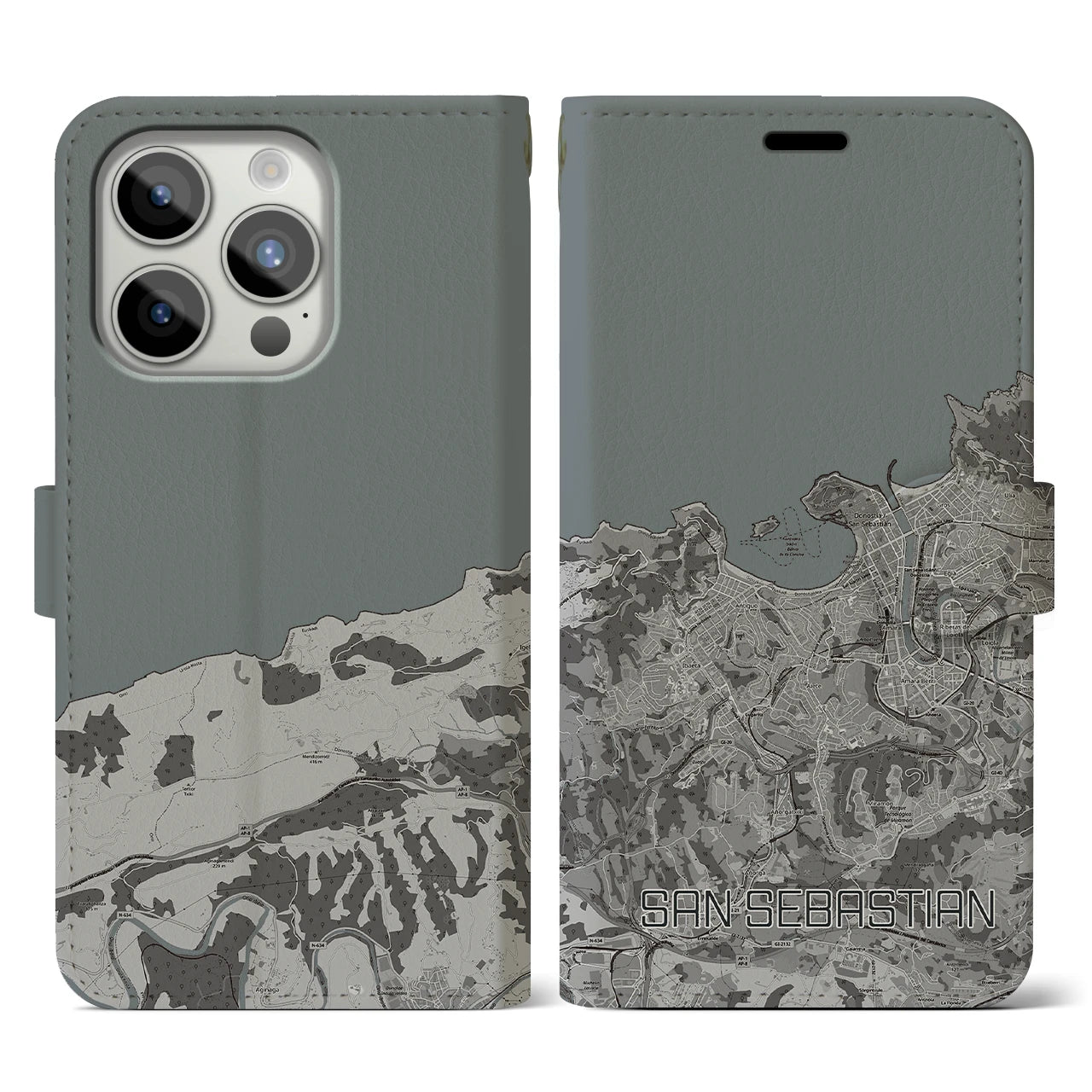 【サン・セバスティアン(スペイン)】地図柄iPhoneケース(手帳タイプ)モノトーン・iPhone 15 Pro 用