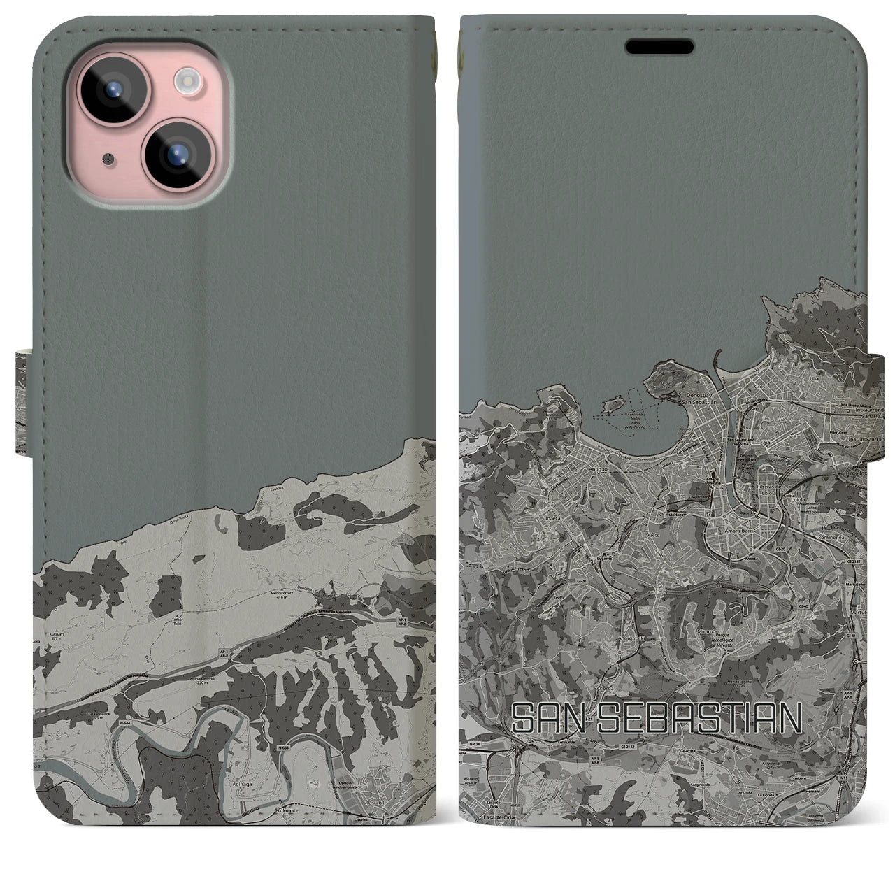 【サン・セバスティアン(スペイン)】地図柄iPhoneケース(手帳タイプ)モノトーン・iPhone 15 Plus 用