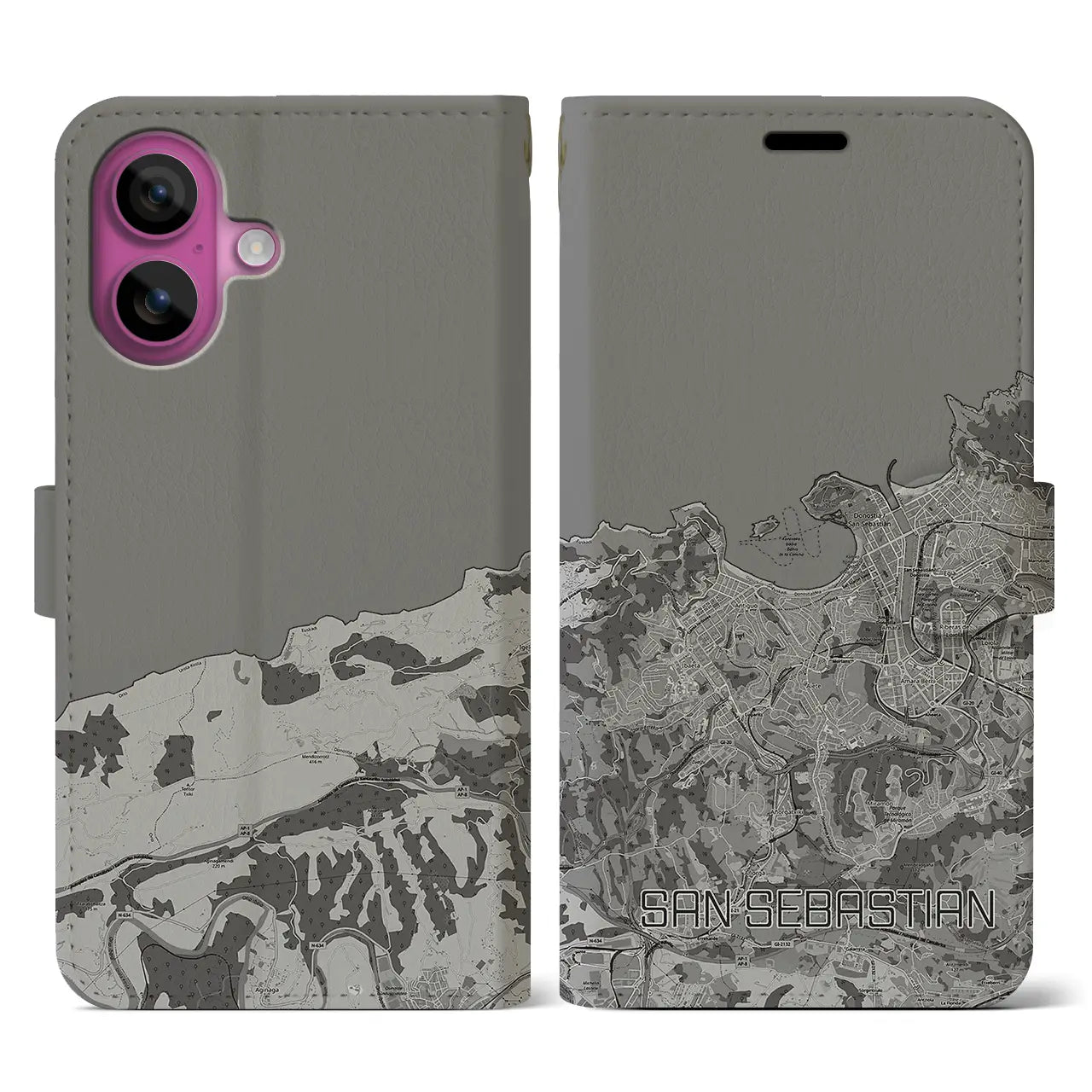 【サン・セバスティアン(スペイン)】地図柄iPhoneケース(手帳タイプ)モノトーン・iPhone 16 Pro 用