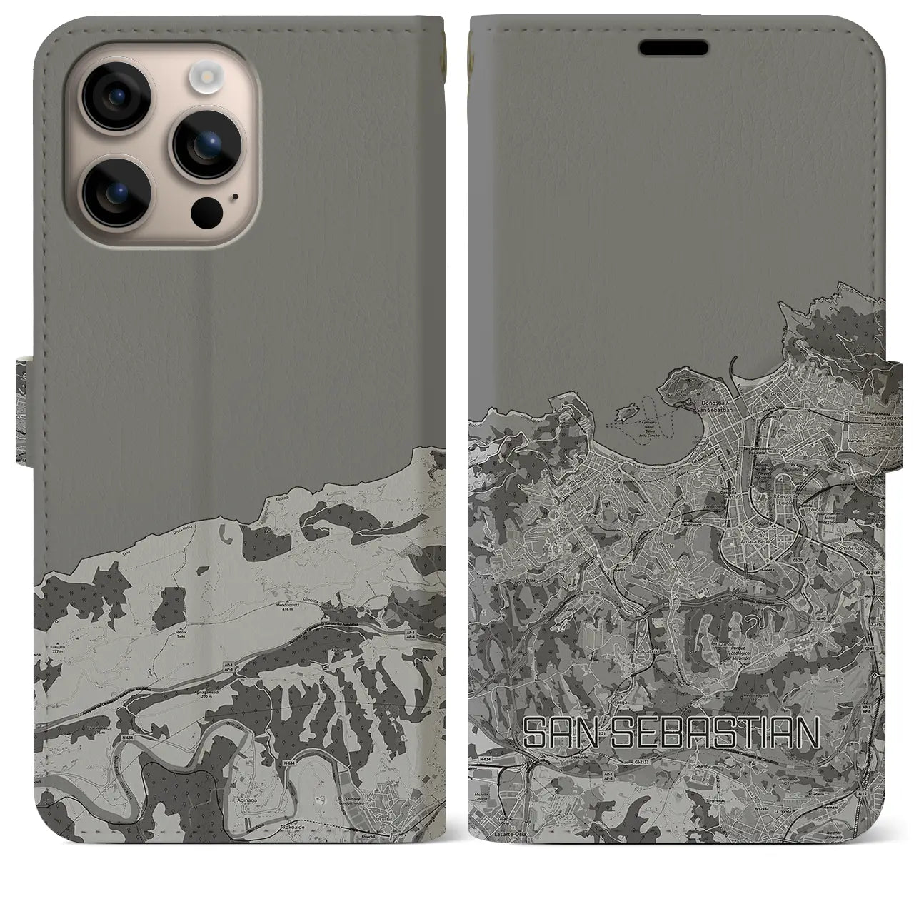 【サン・セバスティアン(スペイン)】地図柄iPhoneケース(手帳タイプ)モノトーン・iPhone 16 Plus 用