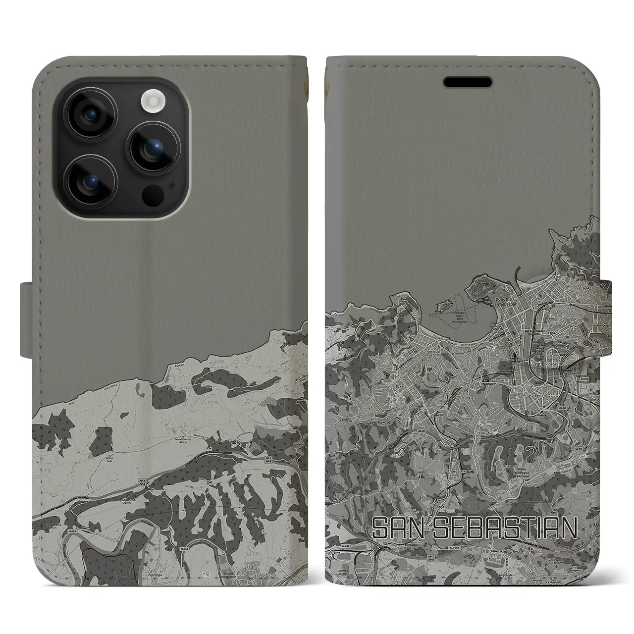 【サン・セバスティアン(スペイン)】地図柄iPhoneケース(手帳タイプ)モノトーン・iPhone 16 用