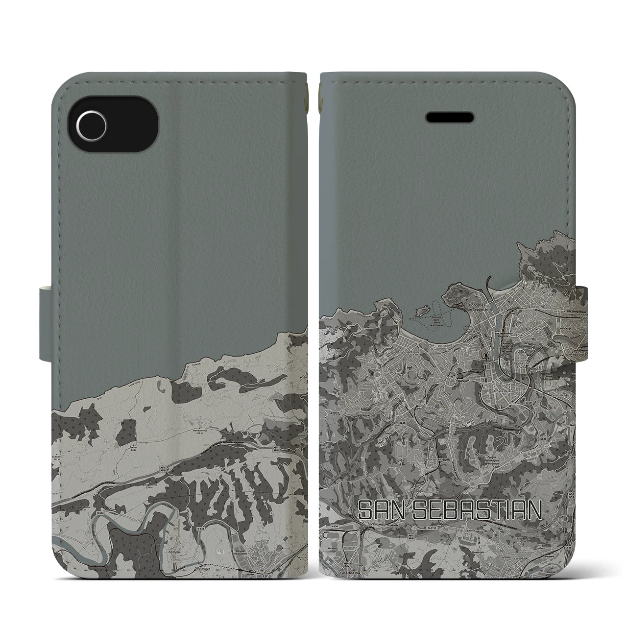 【サン・セバスティアン(スペイン)】地図柄iPhoneケース(手帳タイプ)モノトーン・iPhone SE(第3 / 第2世代) / 8 / 7 / 6s / 6 用