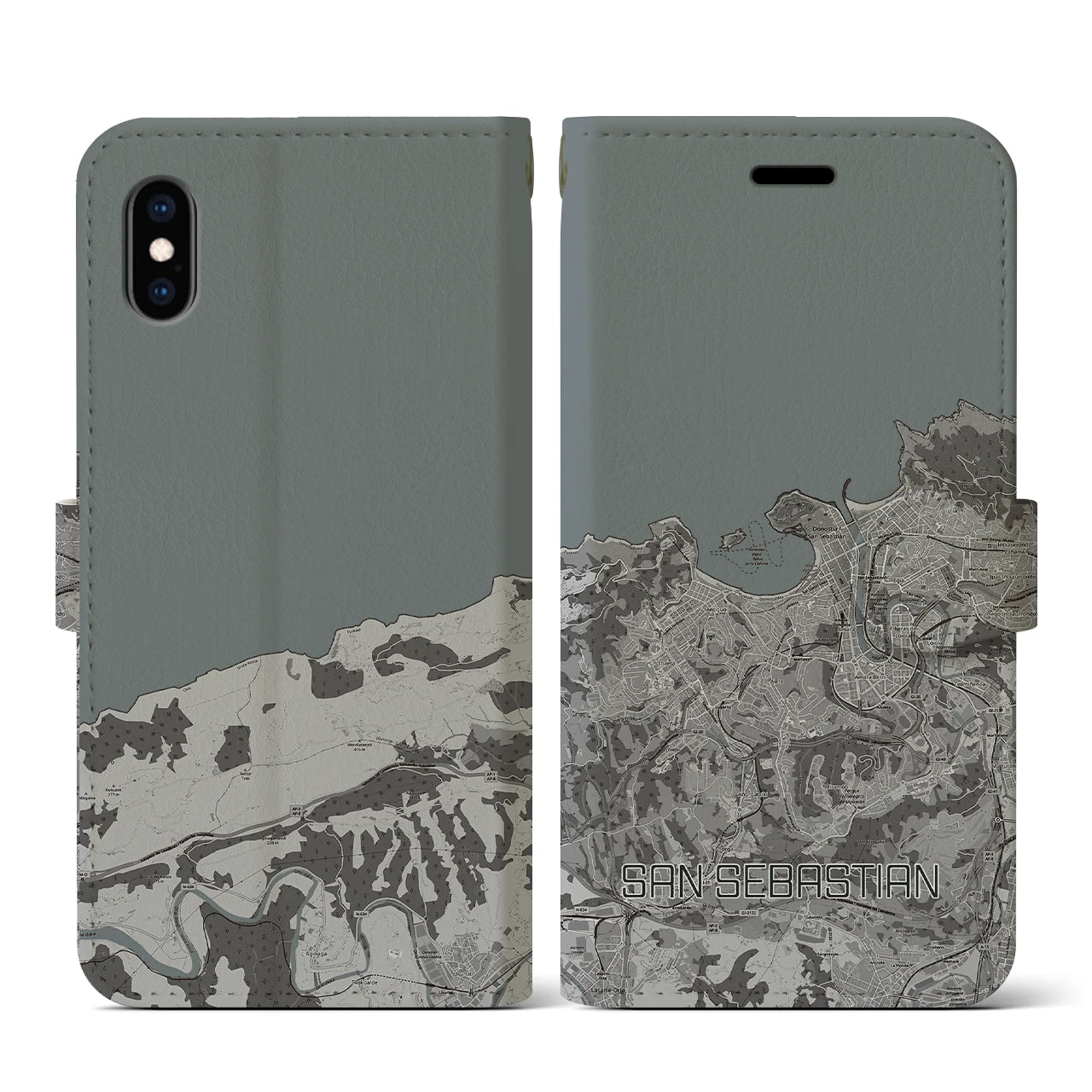 【サン・セバスティアン(スペイン)】地図柄iPhoneケース(手帳タイプ)モノトーン・iPhone XS / X 用