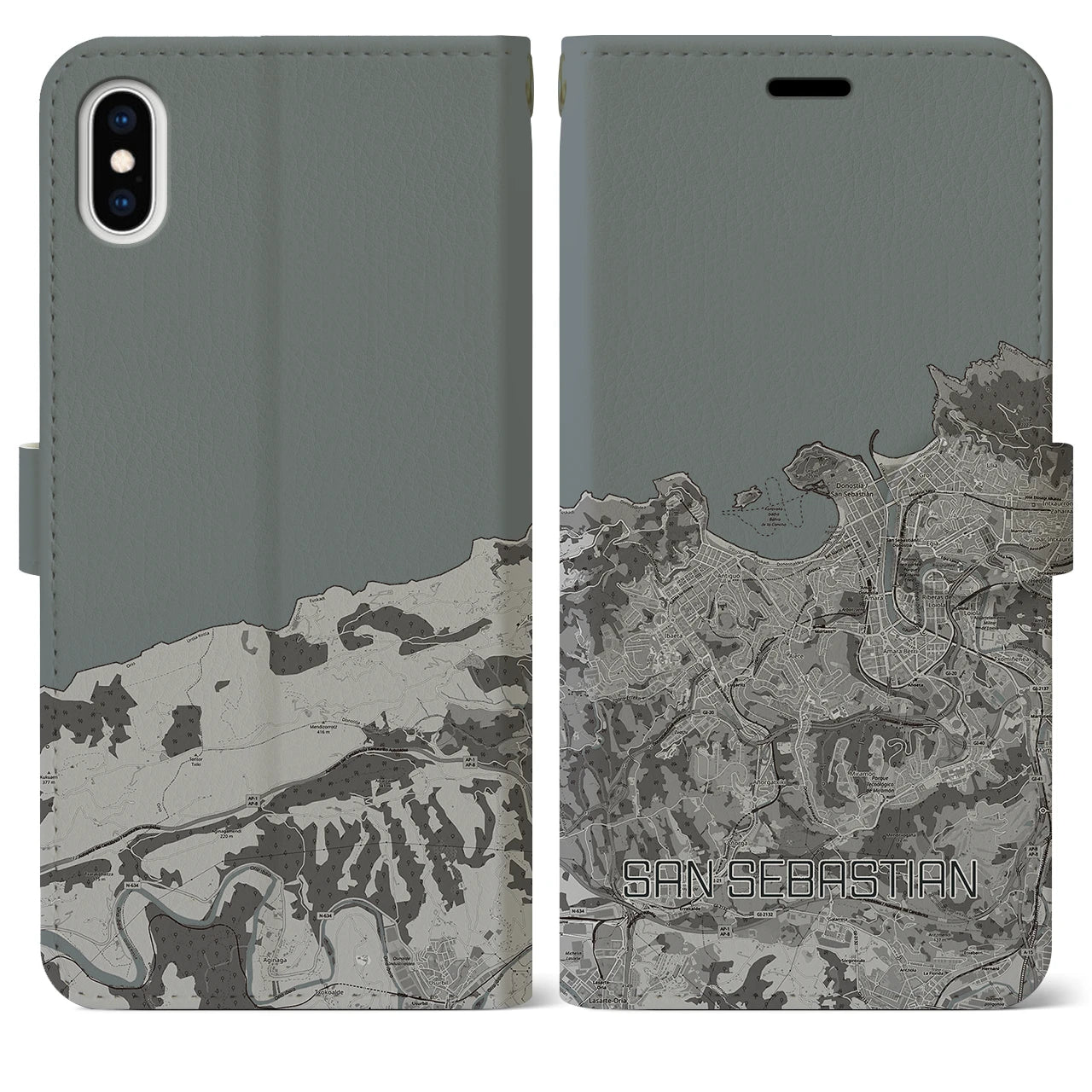 【サン・セバスティアン(スペイン)】地図柄iPhoneケース(手帳タイプ)モノトーン・iPhone XS Max 用
