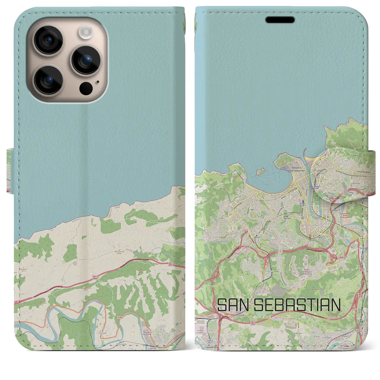 【サン・セバスティアン(スペイン)】地図柄iPhoneケース(手帳タイプ)ナチュラル・iPhone 16 Plus 用