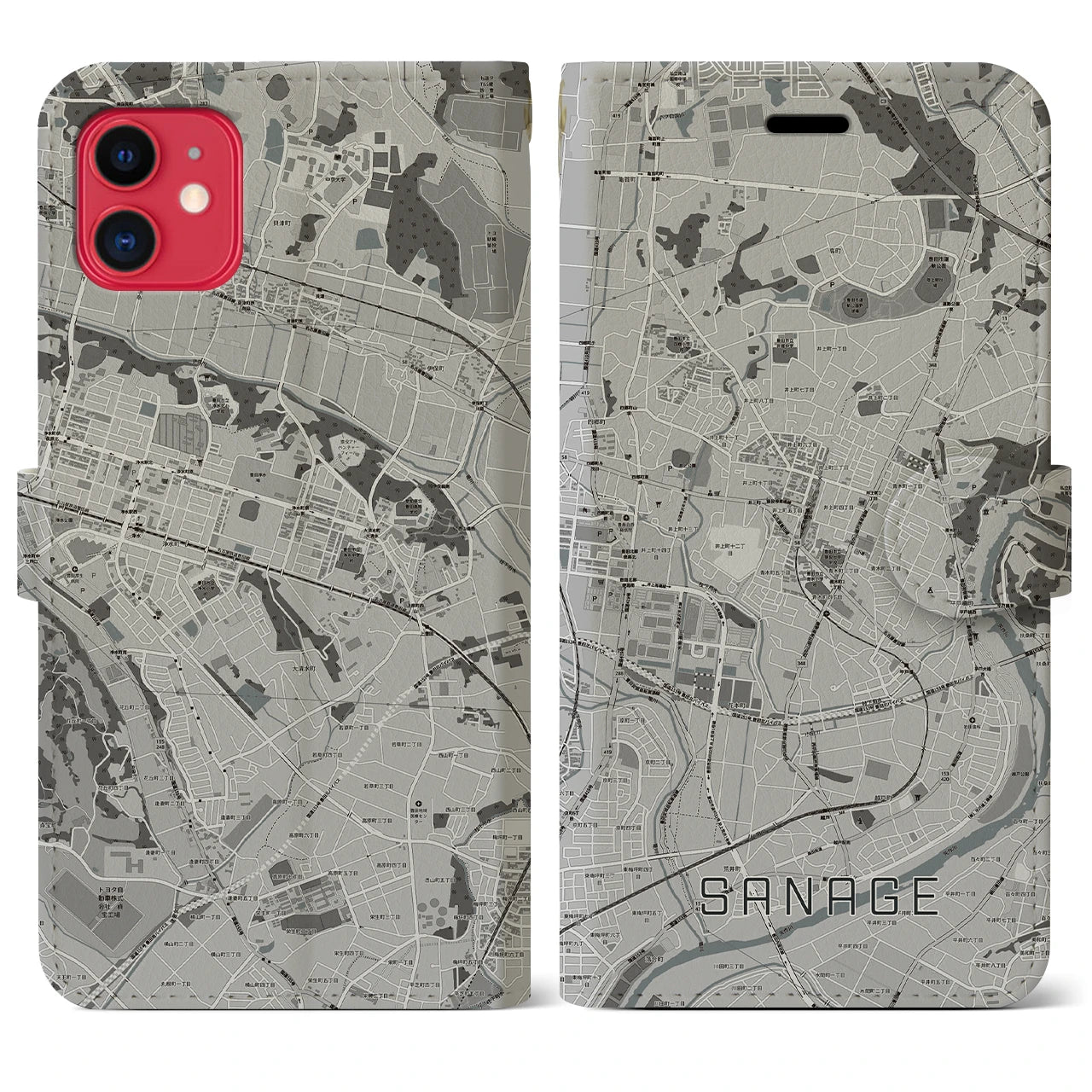 【猿投(愛知県)】地図柄iPhoneケース(手帳タイプ)モノトーン・iPhone 11 用