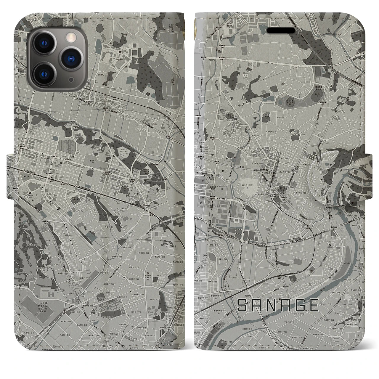【猿投(愛知県)】地図柄iPhoneケース(手帳タイプ)モノトーン・iPhone 11 Pro Max 用