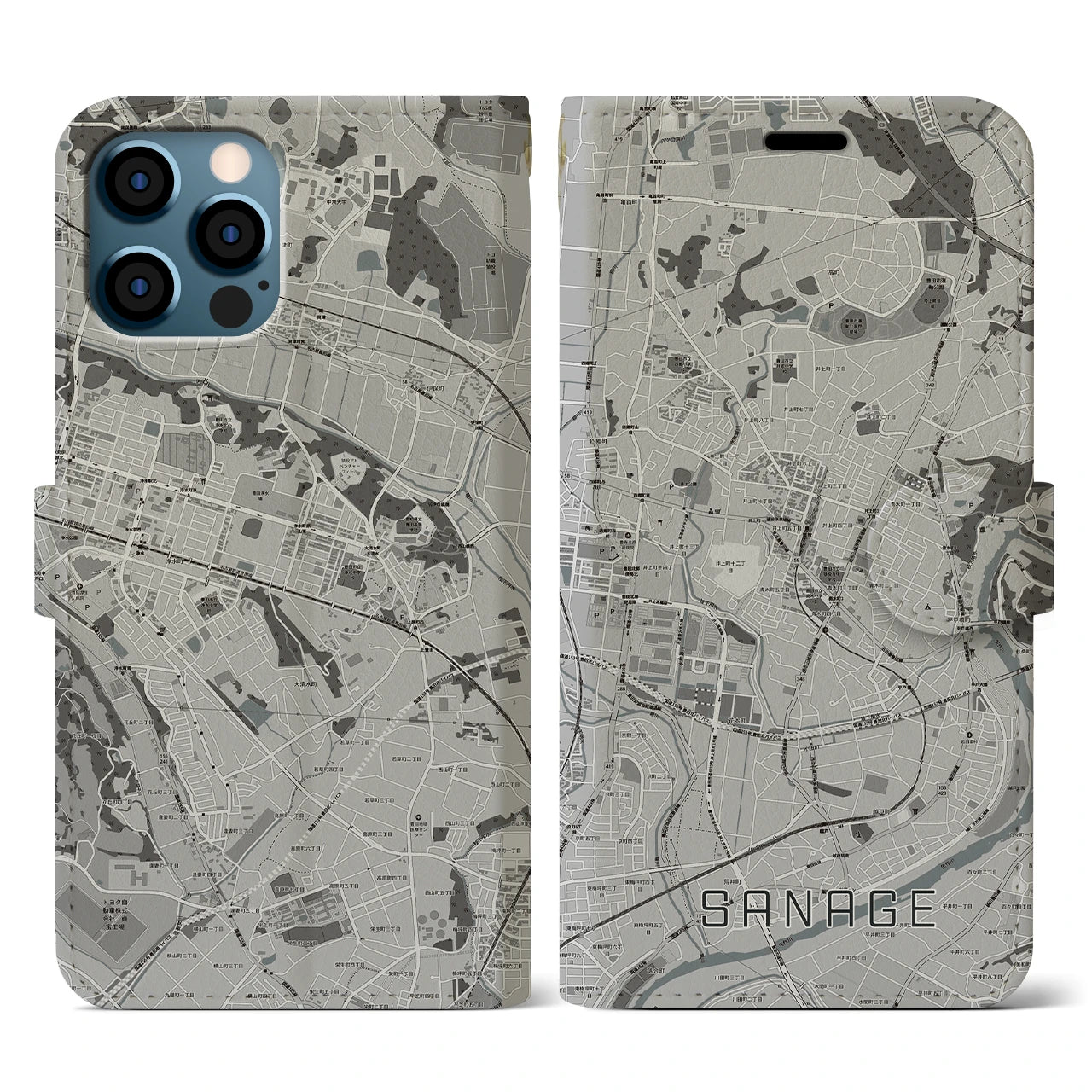 【猿投(愛知県)】地図柄iPhoneケース(手帳タイプ)モノトーン・iPhone 12 / 12 Pro 用