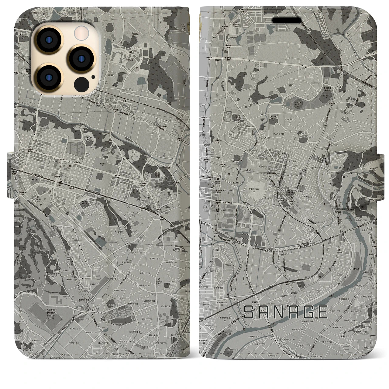 【猿投(愛知県)】地図柄iPhoneケース(手帳タイプ)モノトーン・iPhone 12 Pro Max 用