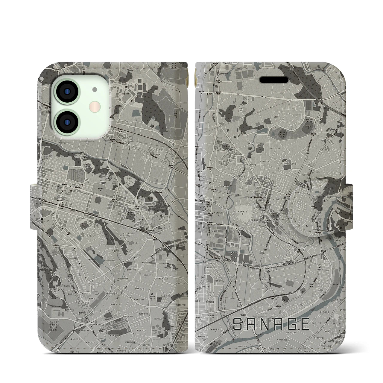 【猿投(愛知県)】地図柄iPhoneケース(手帳タイプ)モノトーン・iPhone 12 mini 用