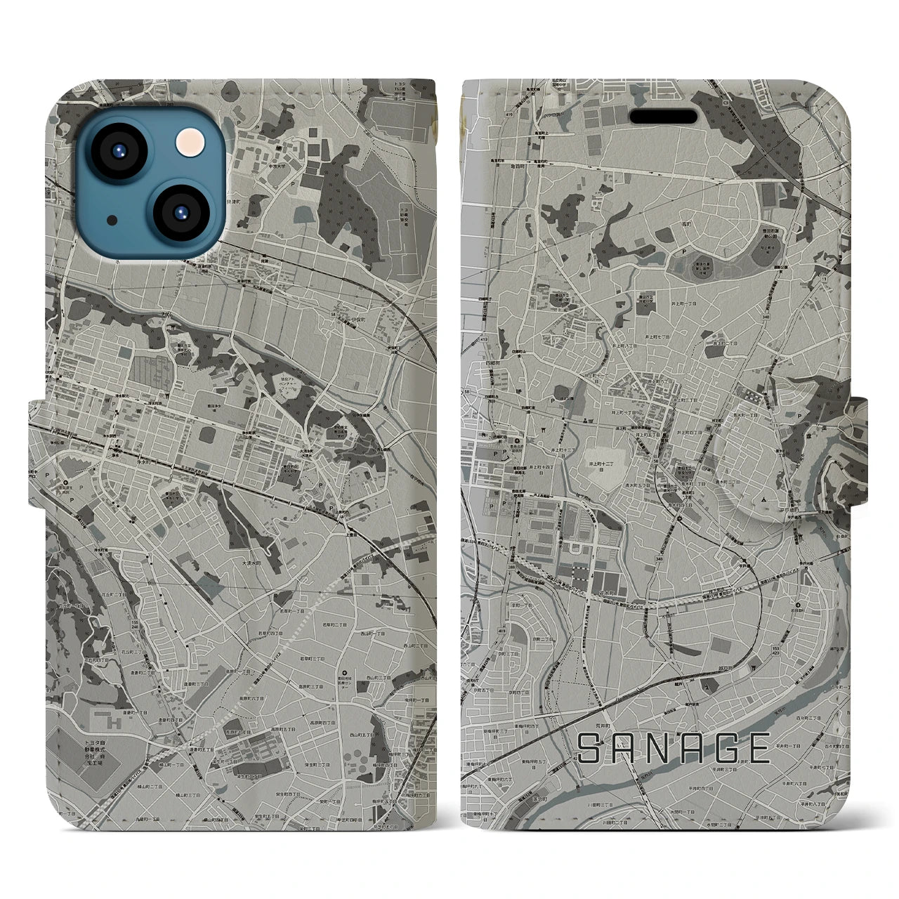【猿投(愛知県)】地図柄iPhoneケース(手帳タイプ)モノトーン・iPhone 13 用