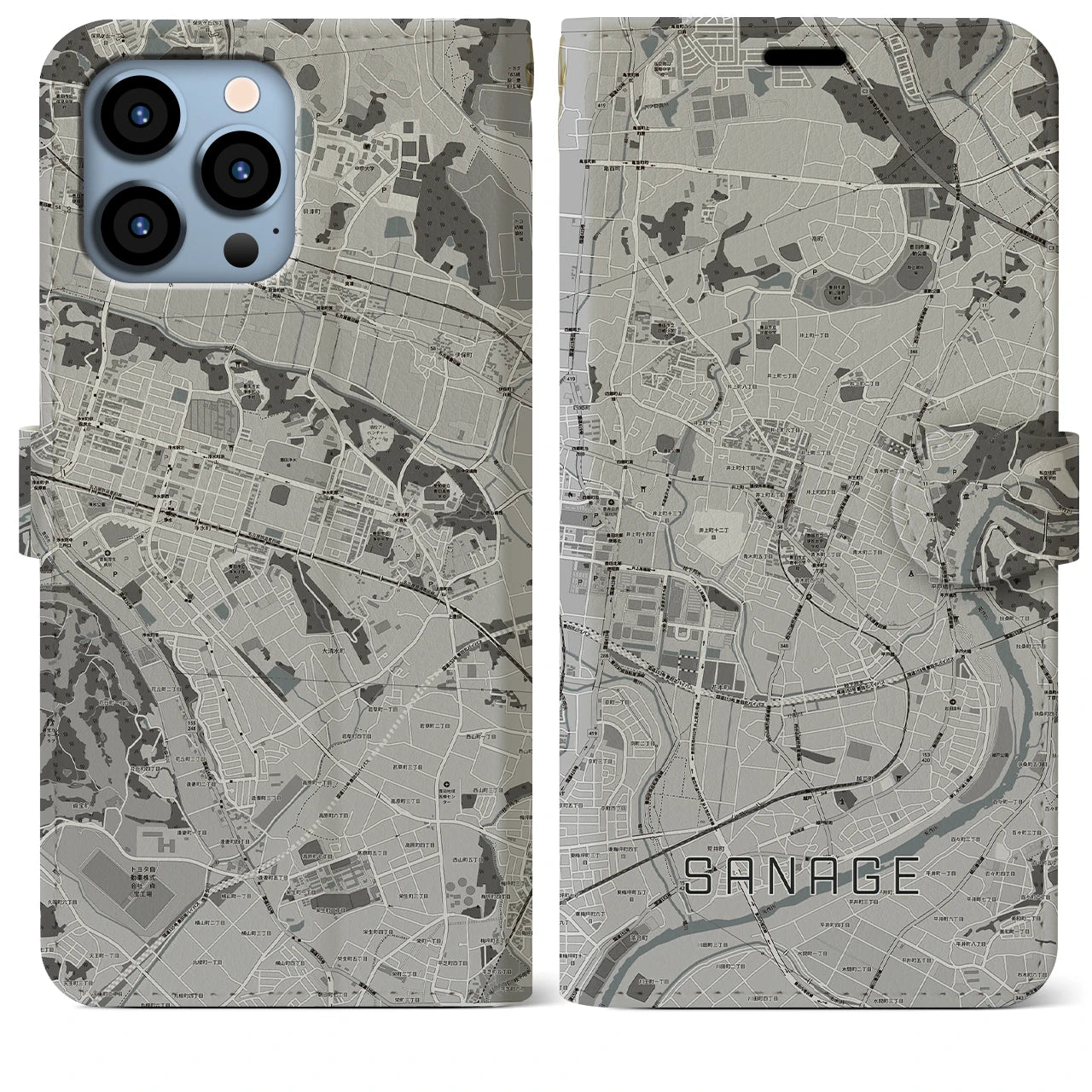 【猿投(愛知県)】地図柄iPhoneケース(手帳タイプ)モノトーン・iPhone 13 Pro Max 用