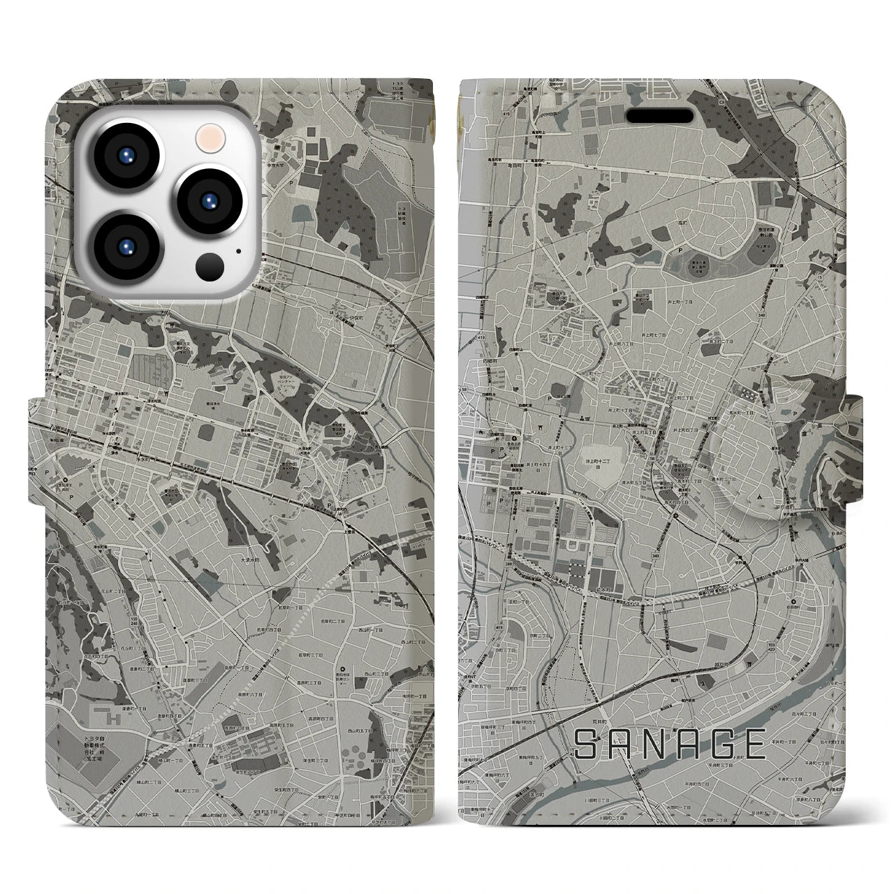 【猿投(愛知県)】地図柄iPhoneケース(手帳タイプ)モノトーン・iPhone 13 Pro 用