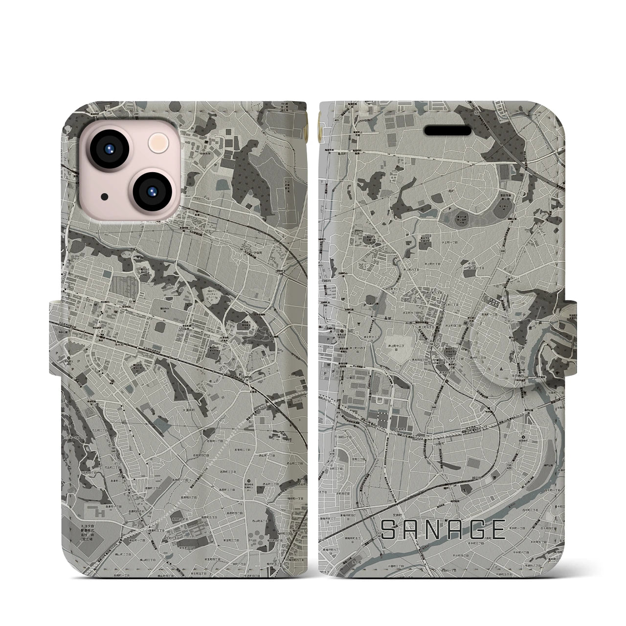【猿投(愛知県)】地図柄iPhoneケース(手帳タイプ)モノトーン・iPhone 13 mini 用