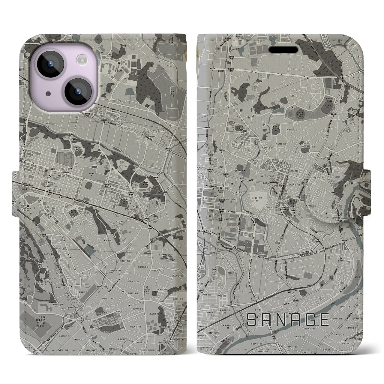 【猿投(愛知県)】地図柄iPhoneケース(手帳タイプ)モノトーン・iPhone 14 用