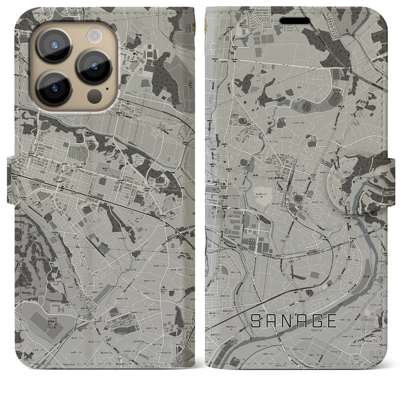 【猿投(愛知県)】地図柄iPhoneケース(手帳タイプ)モノトーン・iPhone 14 Pro Max 用