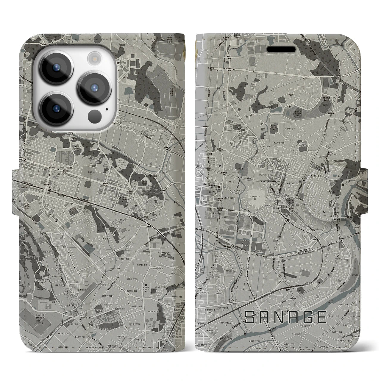 【猿投(愛知県)】地図柄iPhoneケース(手帳タイプ)モノトーン・iPhone 14 Pro 用