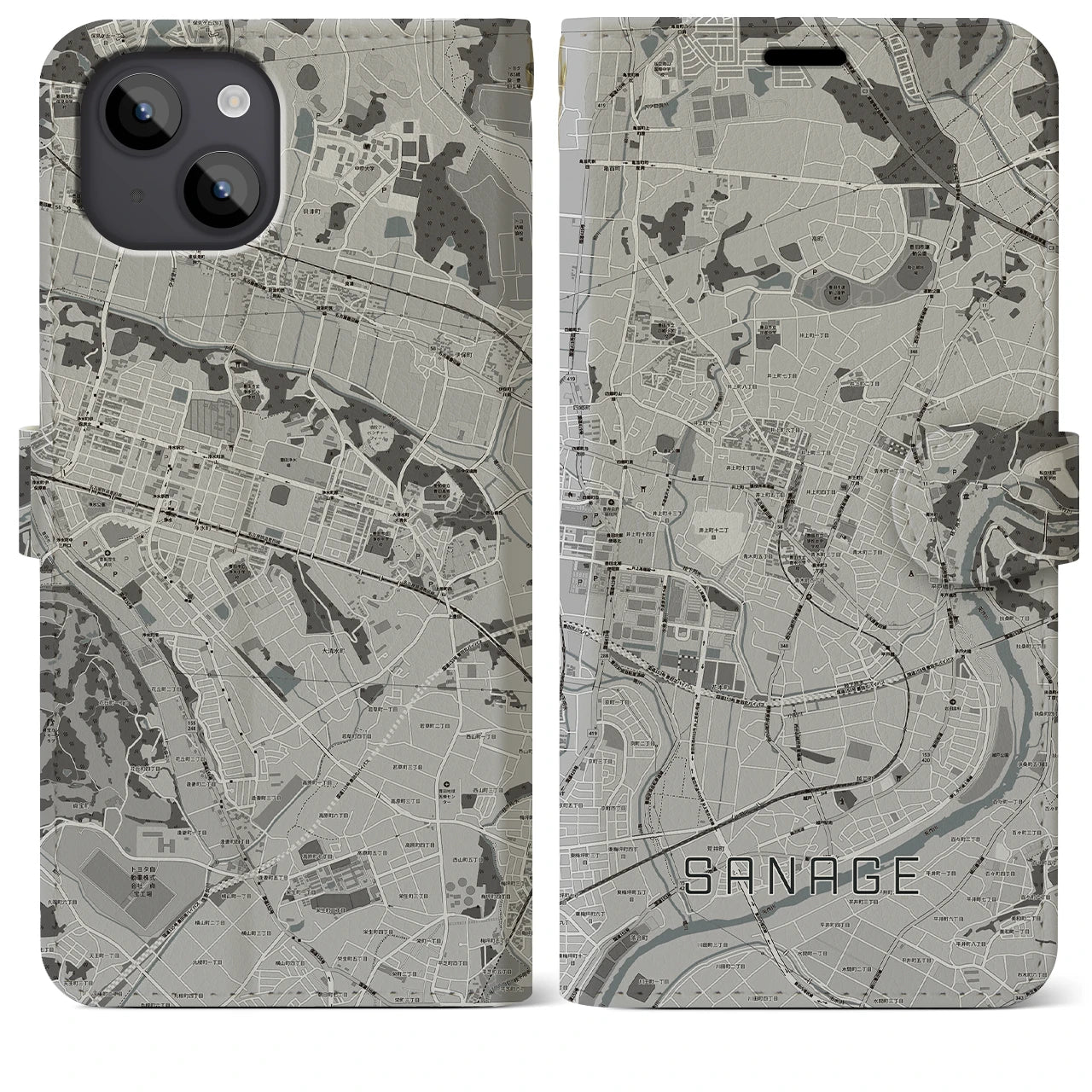 【猿投(愛知県)】地図柄iPhoneケース(手帳タイプ)モノトーン・iPhone 14 Plus 用