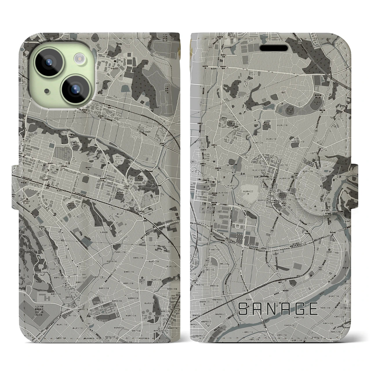 【猿投(愛知県)】地図柄iPhoneケース(手帳タイプ)モノトーン・iPhone 15 用