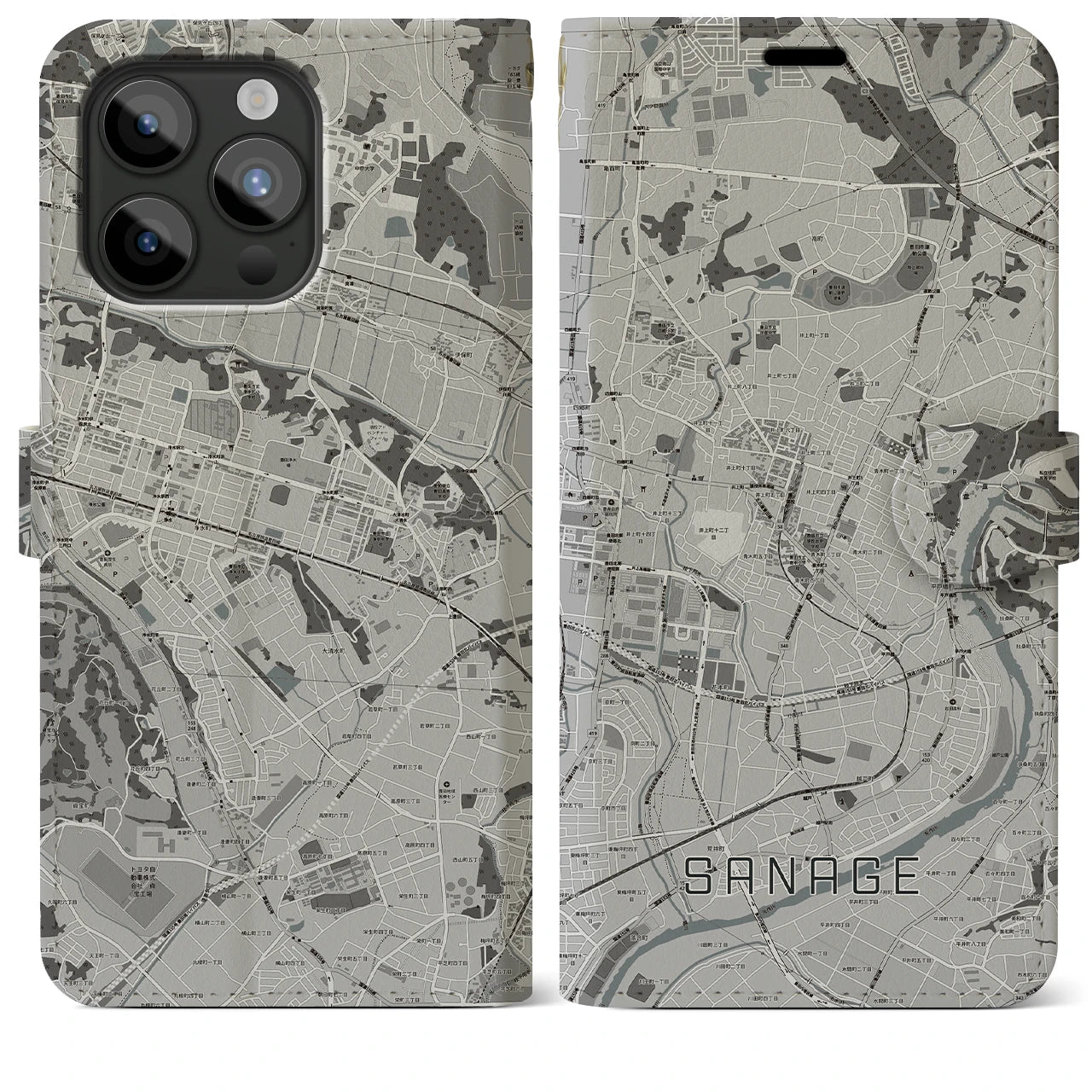 【猿投(愛知県)】地図柄iPhoneケース(手帳タイプ)モノトーン・iPhone 15 Pro Max 用