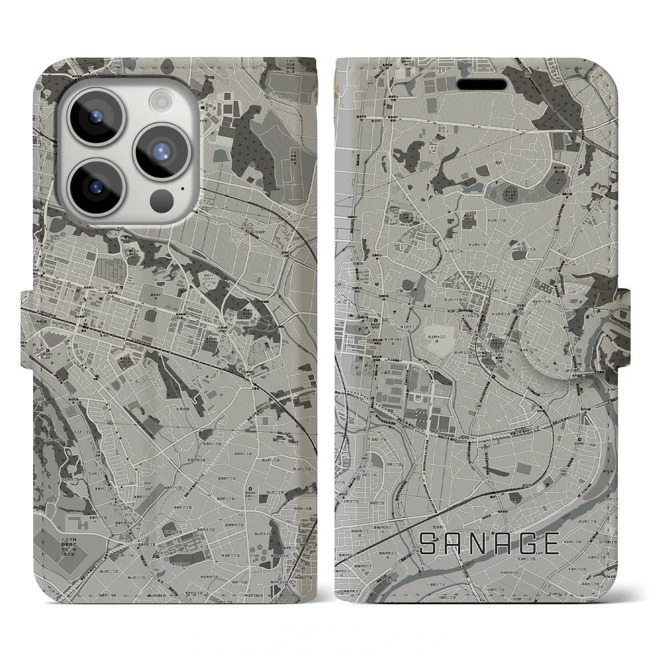 【猿投(愛知県)】地図柄iPhoneケース(手帳タイプ)モノトーン・iPhone 15 Pro 用