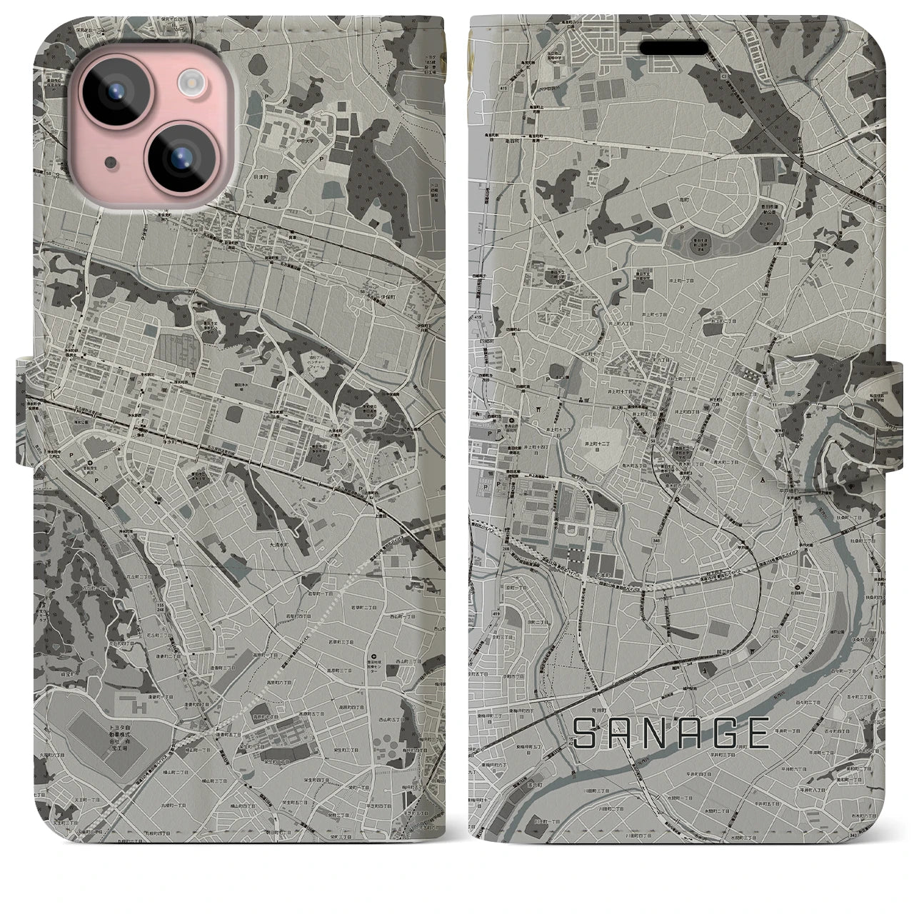 【猿投(愛知県)】地図柄iPhoneケース(手帳タイプ)モノトーン・iPhone 15 Plus 用
