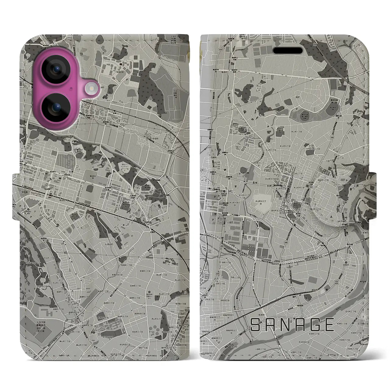 【猿投(愛知県)】地図柄iPhoneケース(手帳タイプ)モノトーン・iPhone 16 Pro 用