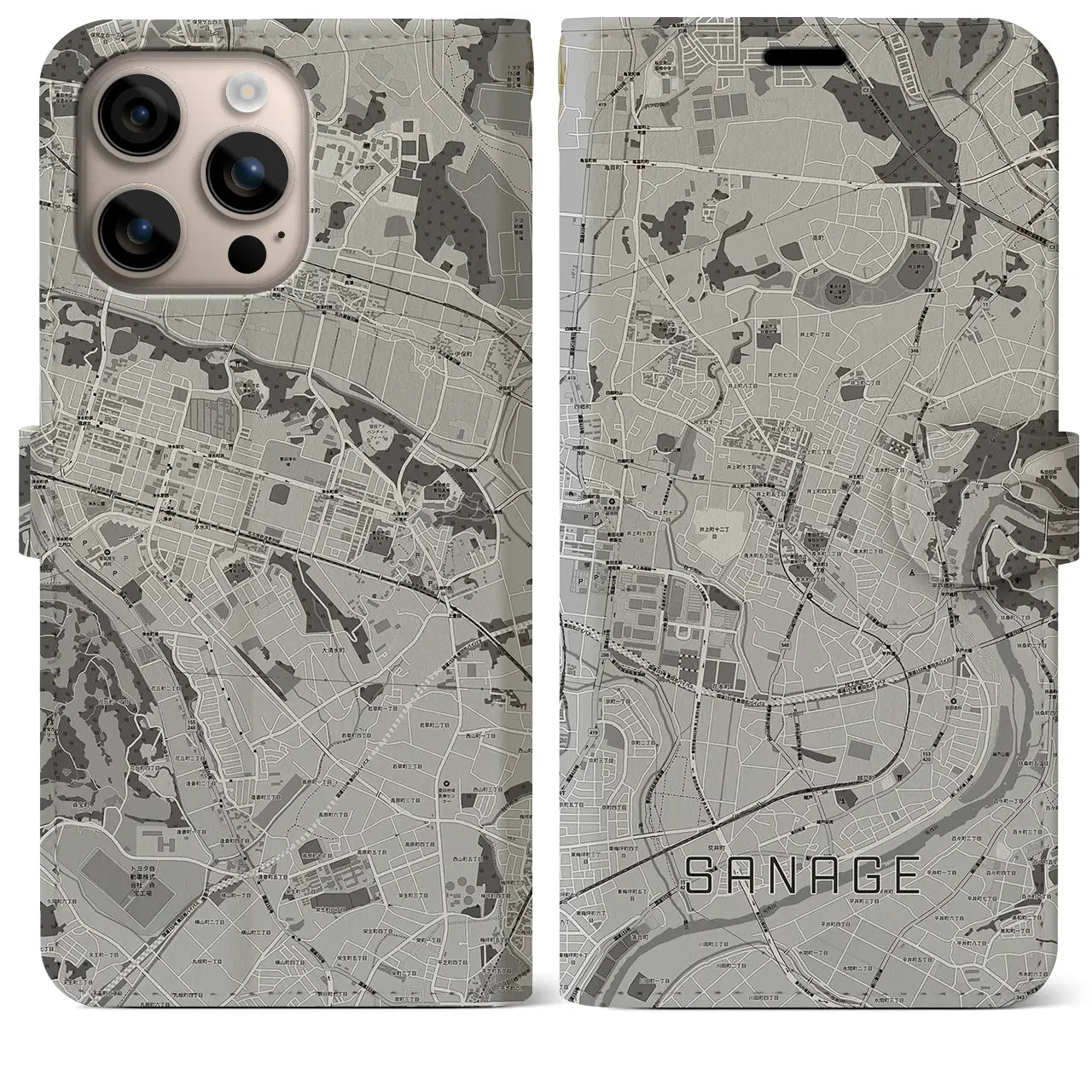 【猿投(愛知県)】地図柄iPhoneケース(手帳タイプ)モノトーン・iPhone 16 Plus 用