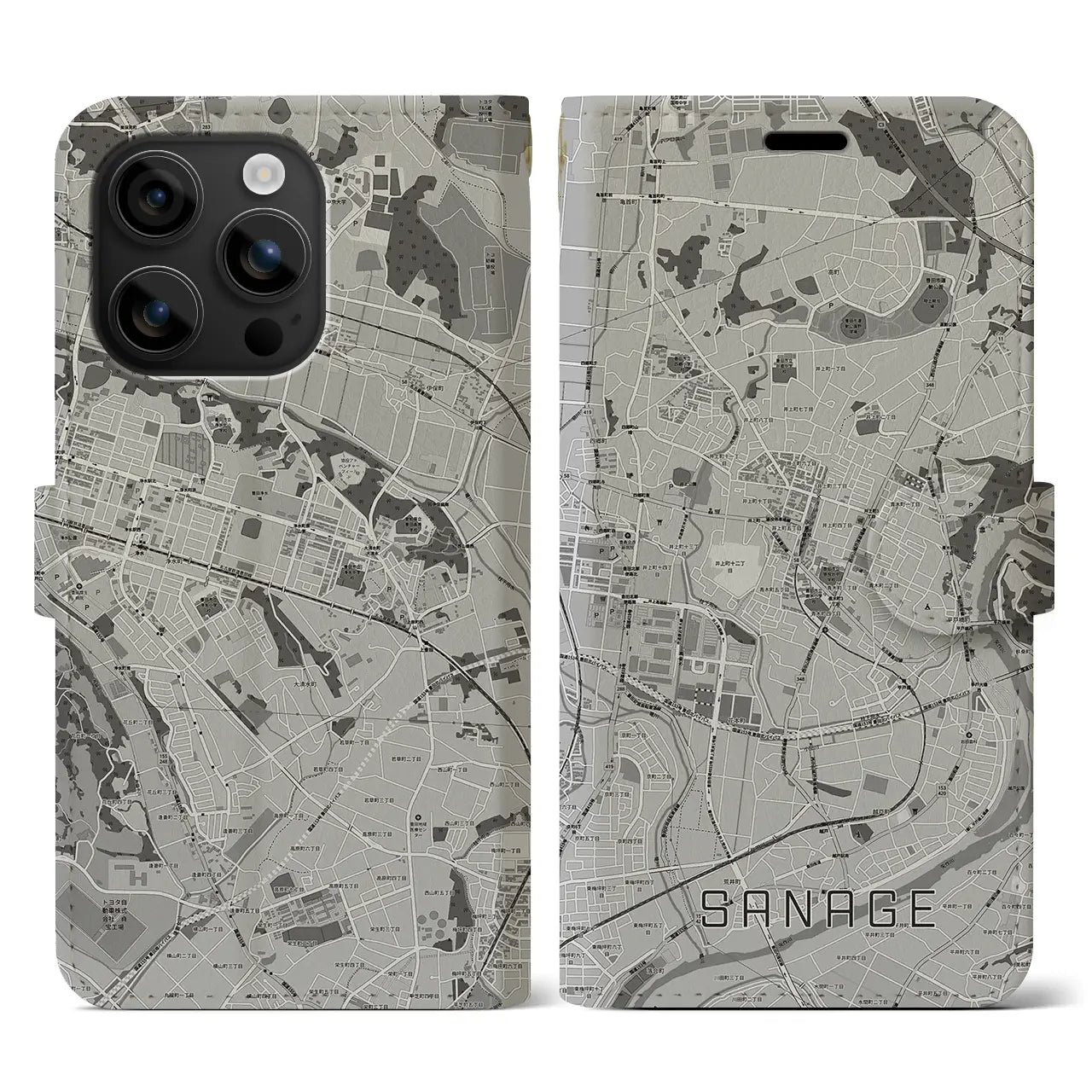 【猿投(愛知県)】地図柄iPhoneケース(手帳タイプ)モノトーン・iPhone 16 用