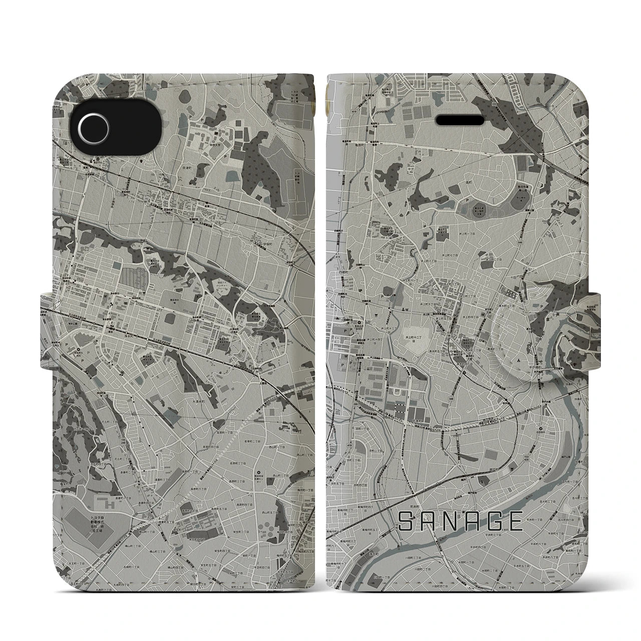 【猿投(愛知県)】地図柄iPhoneケース(手帳タイプ)モノトーン・iPhone SE(第3 / 第2世代) / 8 / 7 / 6s / 6 用