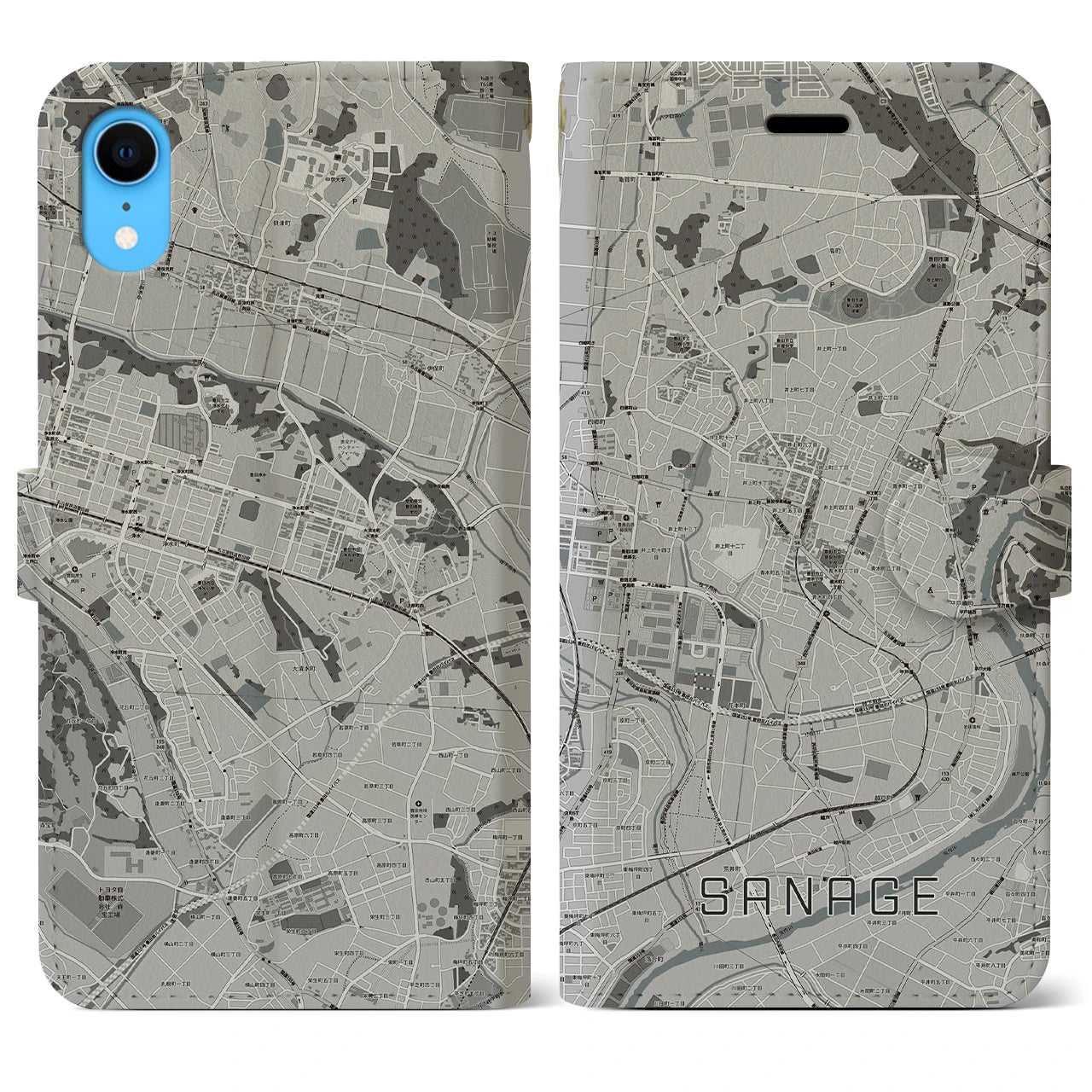 【猿投(愛知県)】地図柄iPhoneケース(手帳タイプ)モノトーン・iPhone XR 用