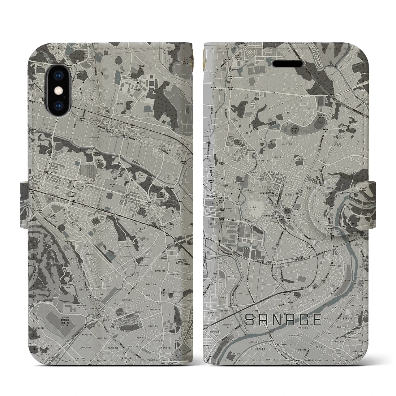【猿投(愛知県)】地図柄iPhoneケース(手帳タイプ)モノトーン・iPhone XS / X 用