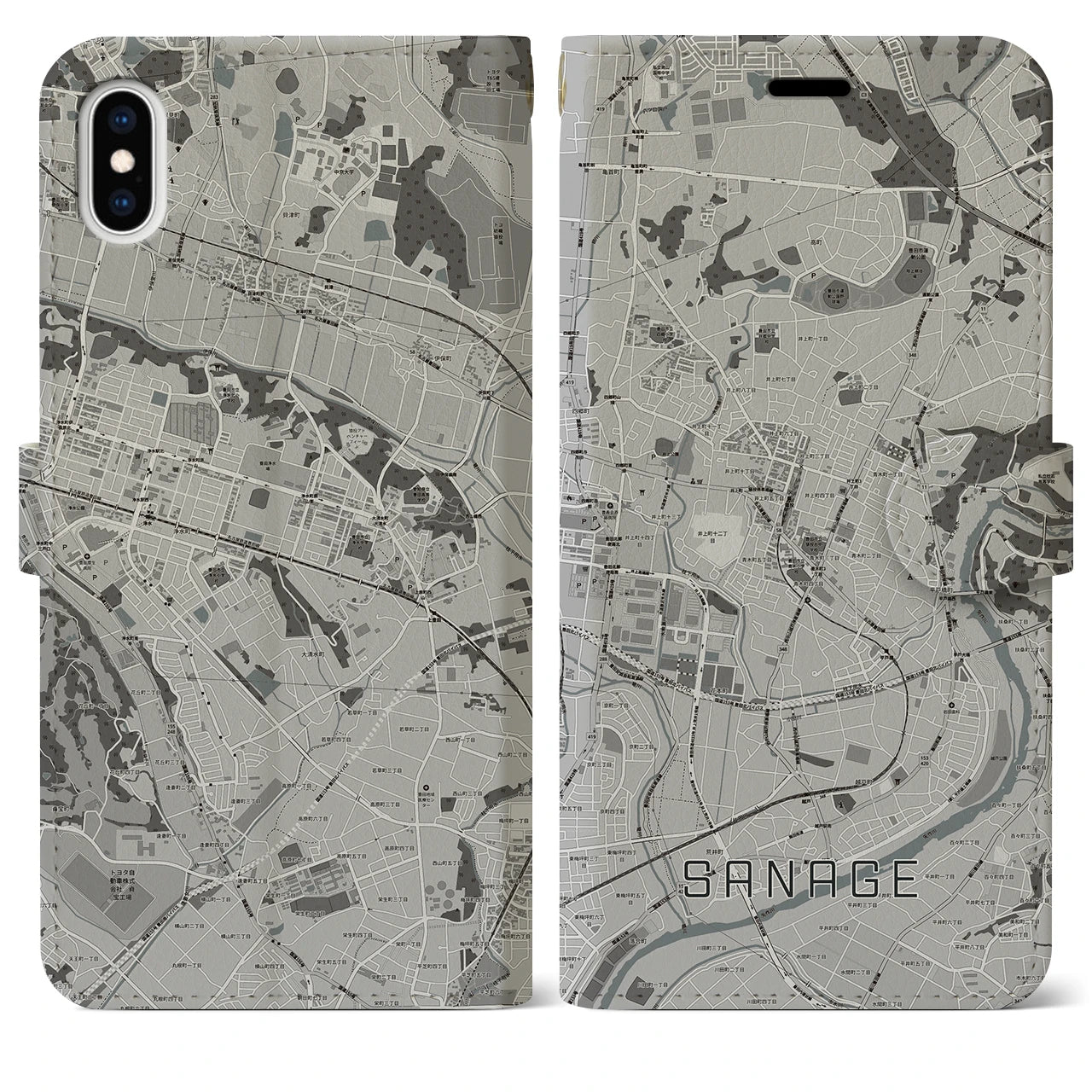 【猿投(愛知県)】地図柄iPhoneケース(手帳タイプ)モノトーン・iPhone XS Max 用