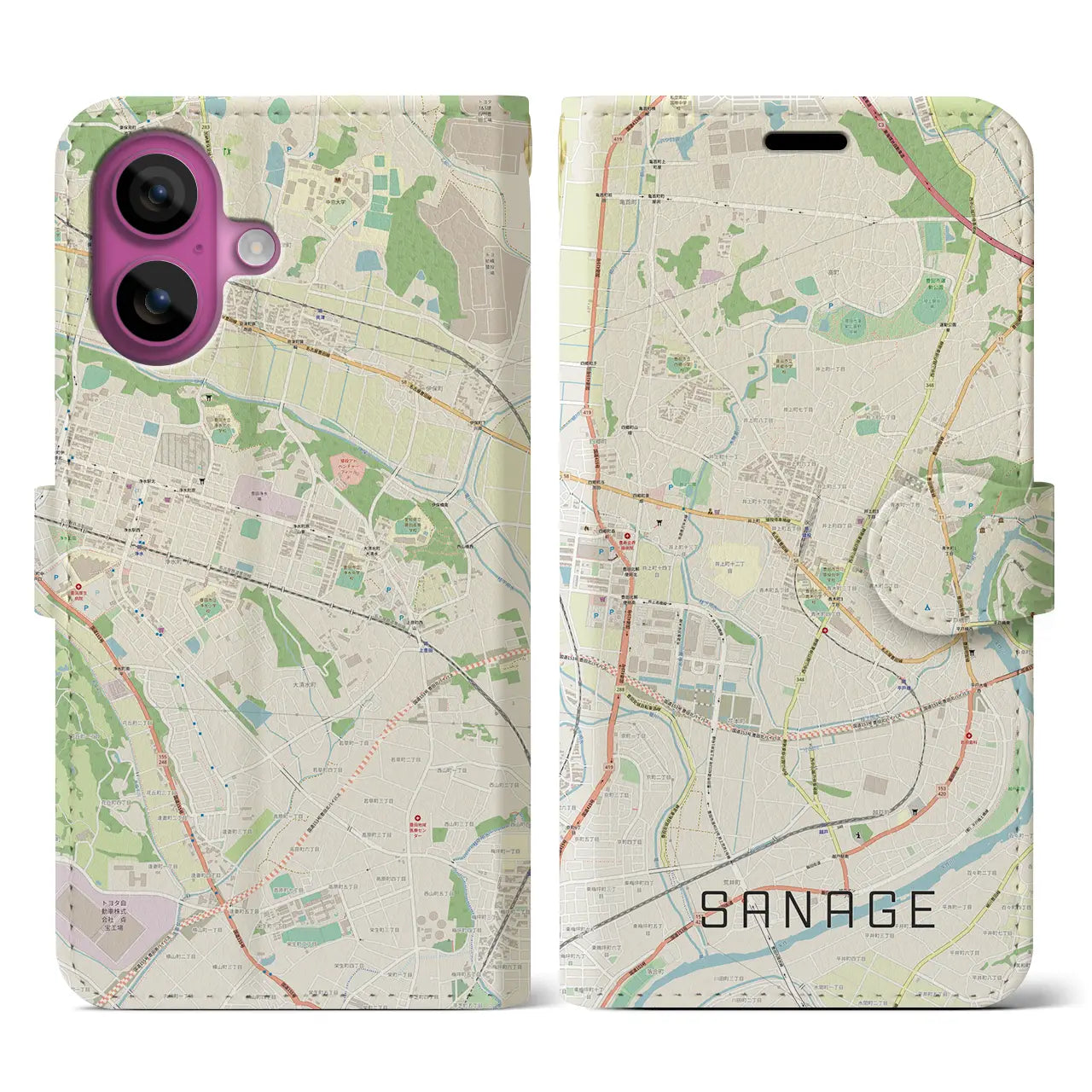【猿投(愛知県)】地図柄iPhoneケース(手帳タイプ)ナチュラル・iPhone 16 Pro 用