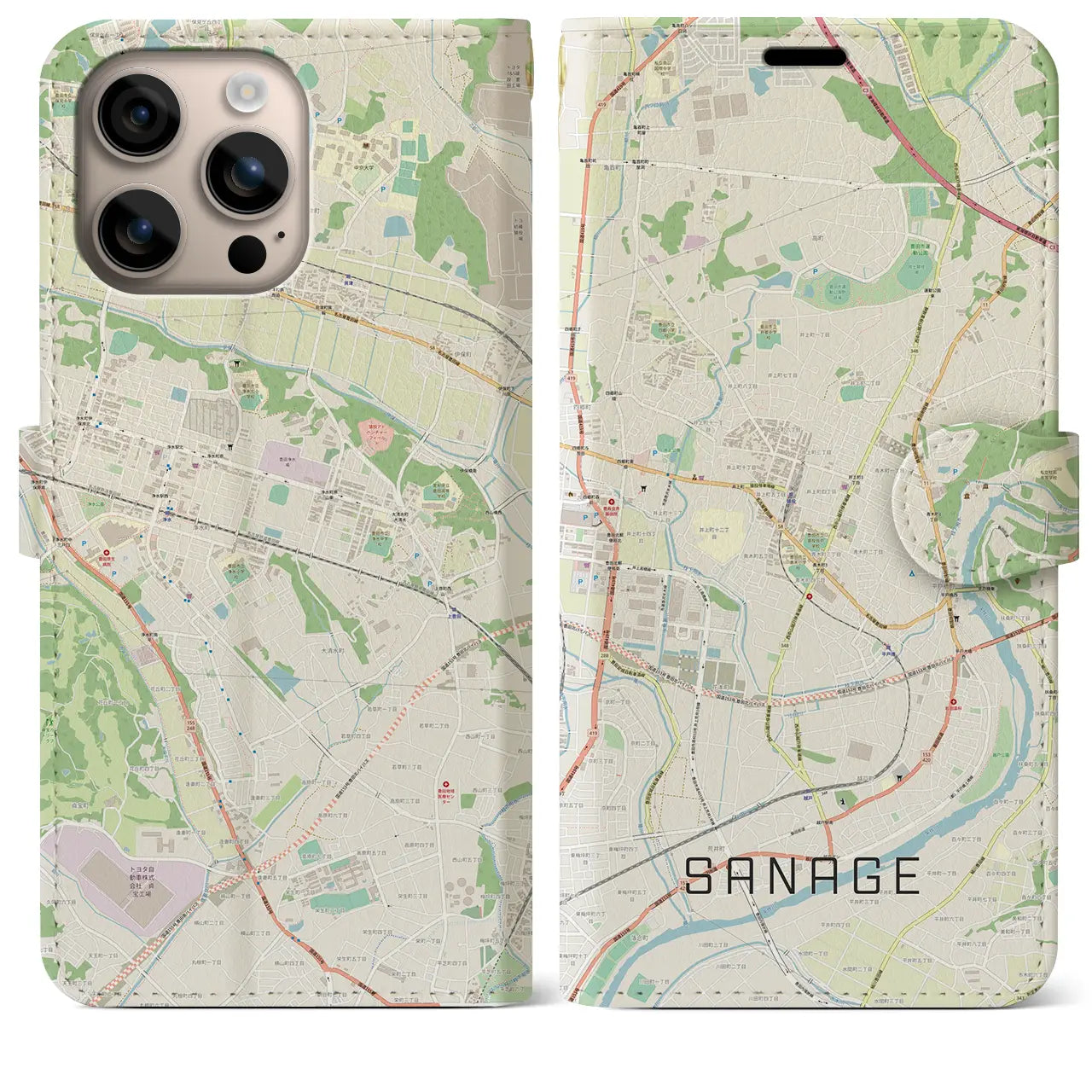 【猿投(愛知県)】地図柄iPhoneケース(手帳タイプ)ナチュラル・iPhone 16 Plus 用