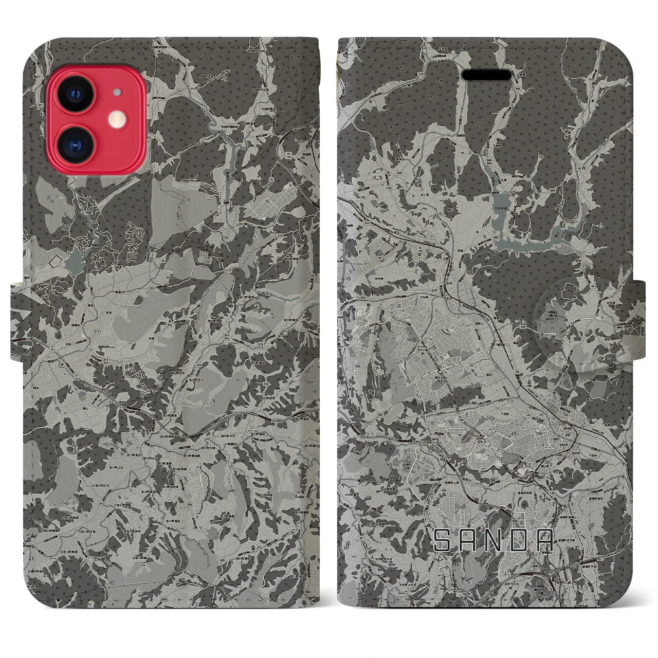 【三田(兵庫県)】地図柄iPhoneケース(手帳タイプ)モノトーン・iPhone 11 用