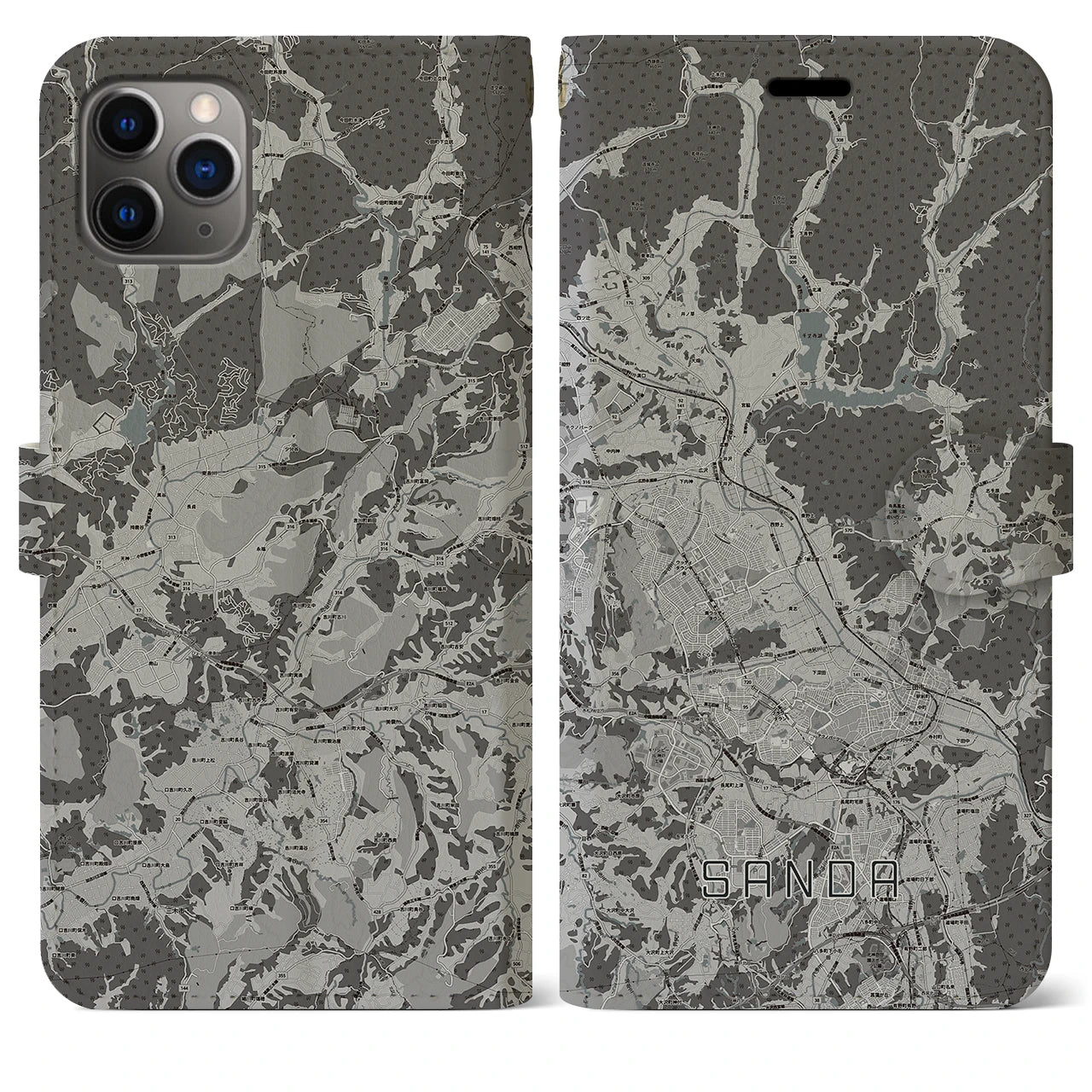 【三田(兵庫県)】地図柄iPhoneケース(手帳タイプ)モノトーン・iPhone 11 Pro Max 用
