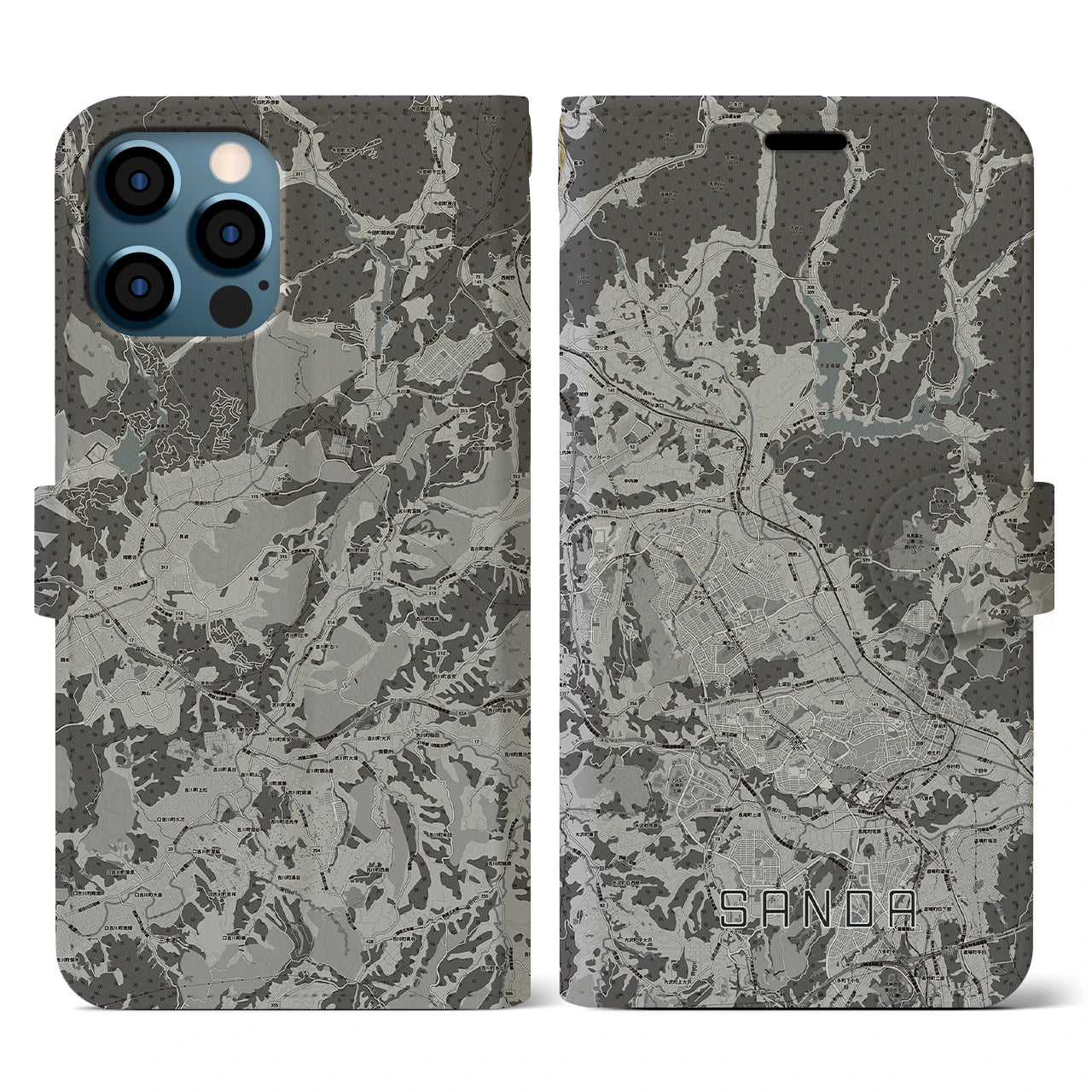 【三田(兵庫県)】地図柄iPhoneケース(手帳タイプ)モノトーン・iPhone 12 / 12 Pro 用